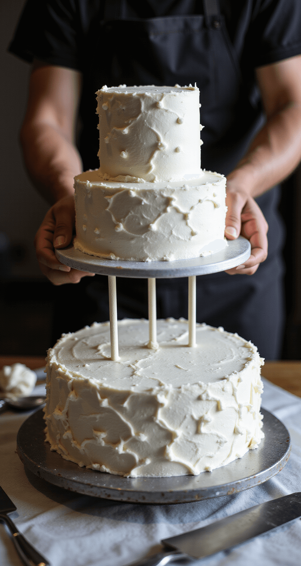 Ultimate 2-Tier Wedding Cake: Your Dream Dessert Masterpiece A close-up of a master baker's hands carefully placing a pristine white 6-inch top tier onto dowels of an 8-inch base tier of a wedding cake, showcasing silk-like buttercream frosting under studio lighting with surrounding cake decorating tools.
