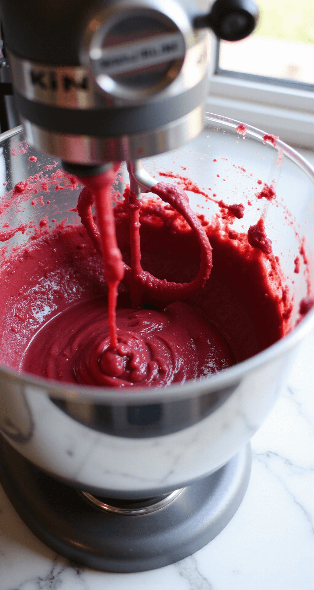 Classic Red Velvet Birthday Cake: The Ultimate Showstopper Dessert A close-up of rich crimson cake batter being mixed in a stainless steel bowl, with vibrant red food coloring swirling into a creamed butter and sugar mixture, illuminated by natural light on a marble countertop.