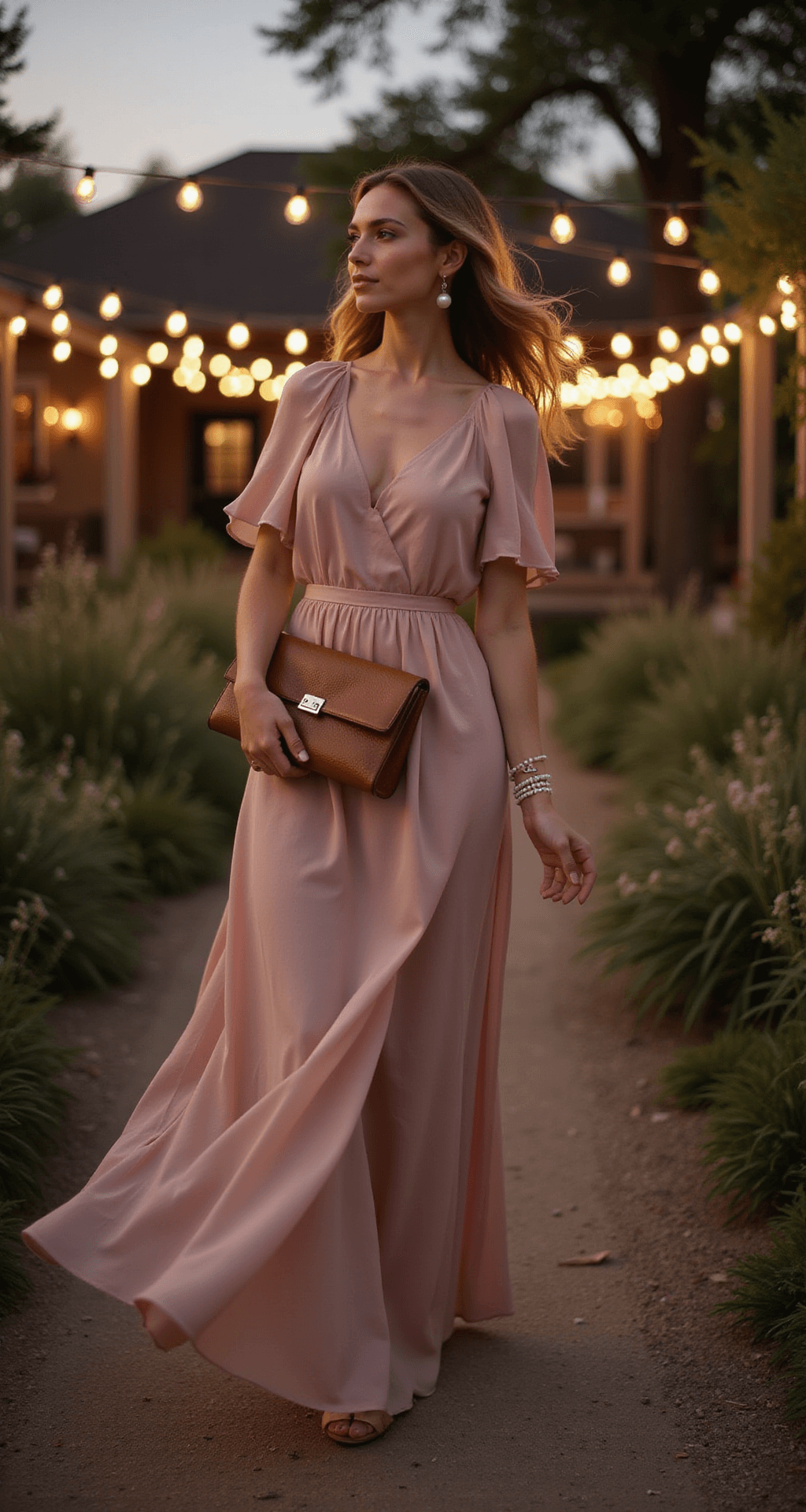 September Wedding Guest Dress: Your Ultimate Style Guide for Early Fall A model in a dusty rose chiffon maxi dress with flutter sleeves stands in a vintage-inspired garden venue at dusk, illuminated by twinkling string lights. She holds a structured bronze clutch and wears minimal pearl accessories, with soft bokeh and warm lighting accentuating the ethereal movement of her dress.