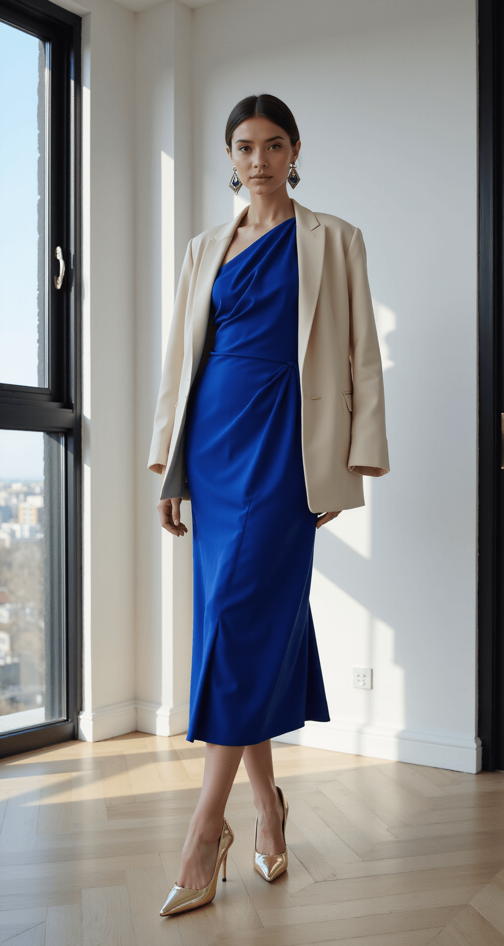 September Wedding Guest Dress: Your Ultimate Style Guide for Early Fall A fashionable woman stands in a modern minimalist apartment with floor-to-ceiling windows, wearing a sapphire blue crepe midi dress with architectural draping, metallic gold stilettos, and geometric earrings, while a cream blazer drapes over her shoulders, illuminated by late afternoon light.