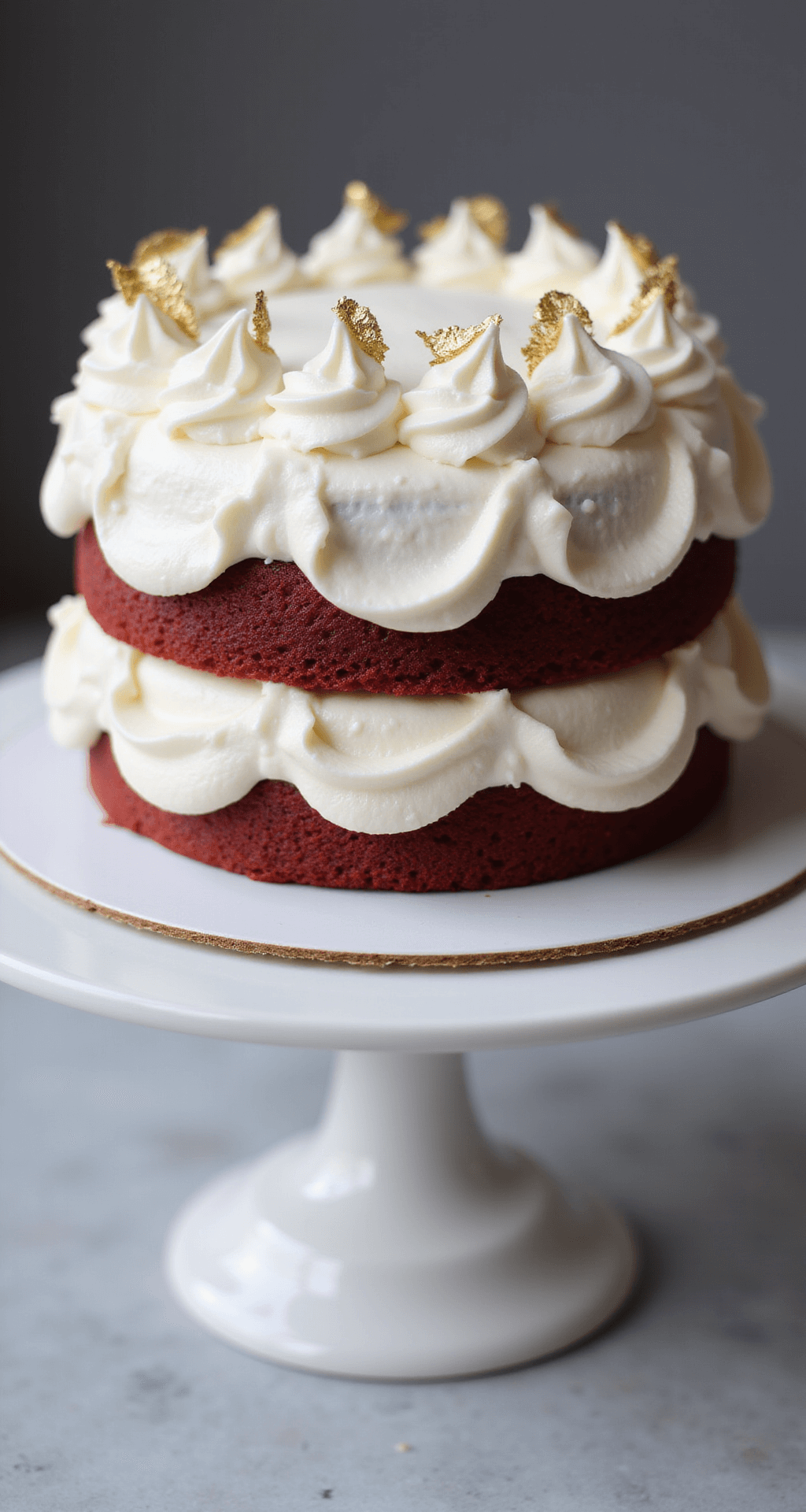 Classic Red Velvet Birthday Cake: The Ultimate Showstopper Dessert Overhead view of a two-layer red velvet cake on a rotating stand, topped with smooth, cloud-like cream cheese frosting featuring elegant swirls, gold leaf accents, and soft studio lighting.