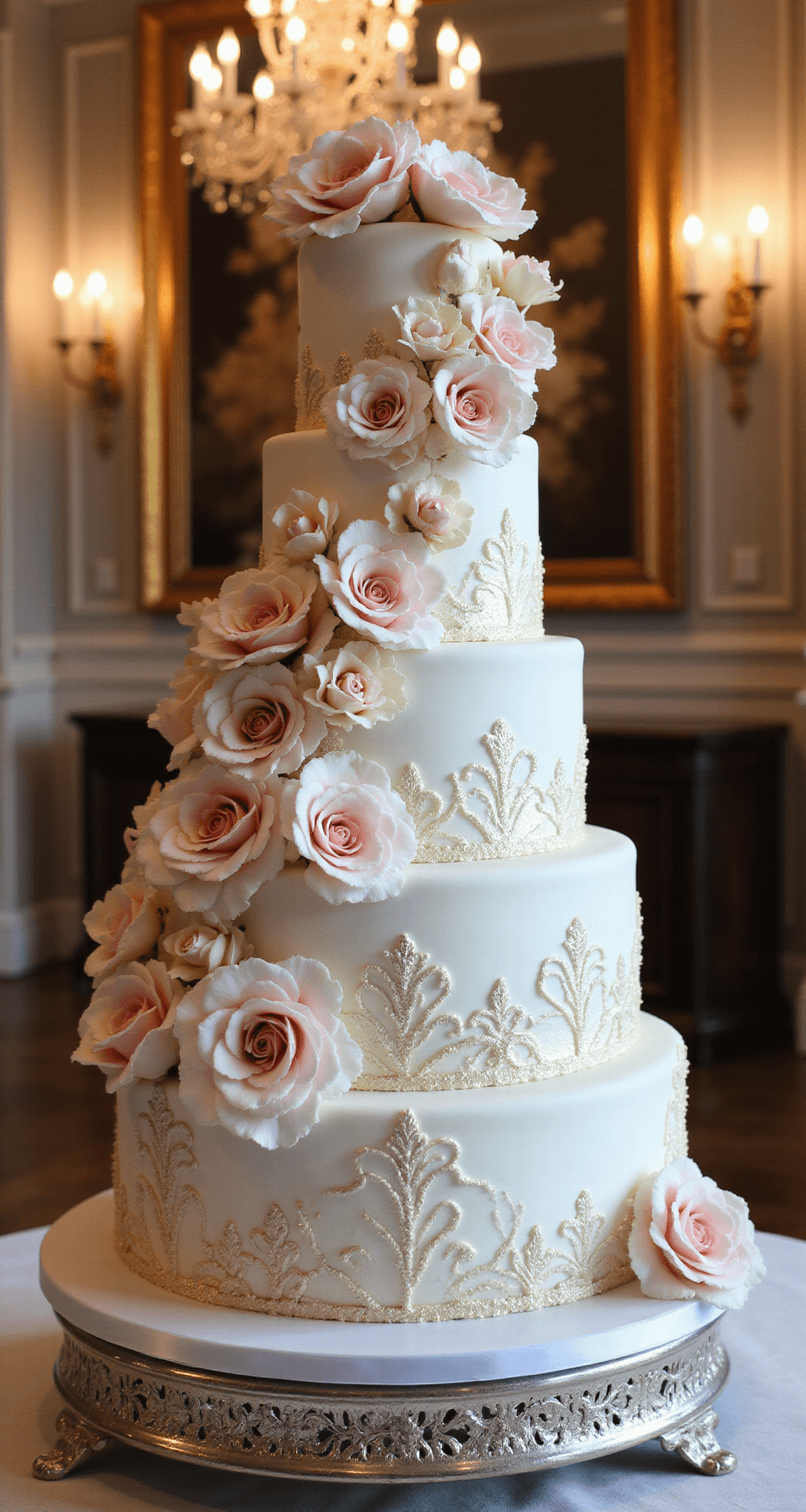Couture Wedding Cake: A Stunning Edible Artwork Dramatic multi-tiered wedding cake on a silver stand, adorned with blush sugar flowers, gold leaf accents, and lace-like royal icing patterns, set against a luxurious venue with crystal chandeliers.