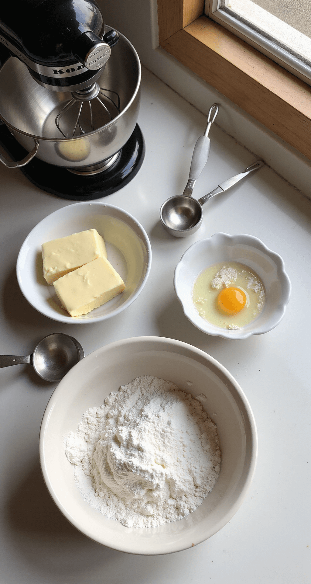 Simple Birthday Cake: The Ultimate Homemade Celebration Delight Overhead view of a sunlit kitchen countertop with neatly arranged baking ingredients, including softened butter, farm-fresh eggs, crystalline sugar, and sifted flour, alongside a vintage electric mixer and gleaming measuring cups and spoons.