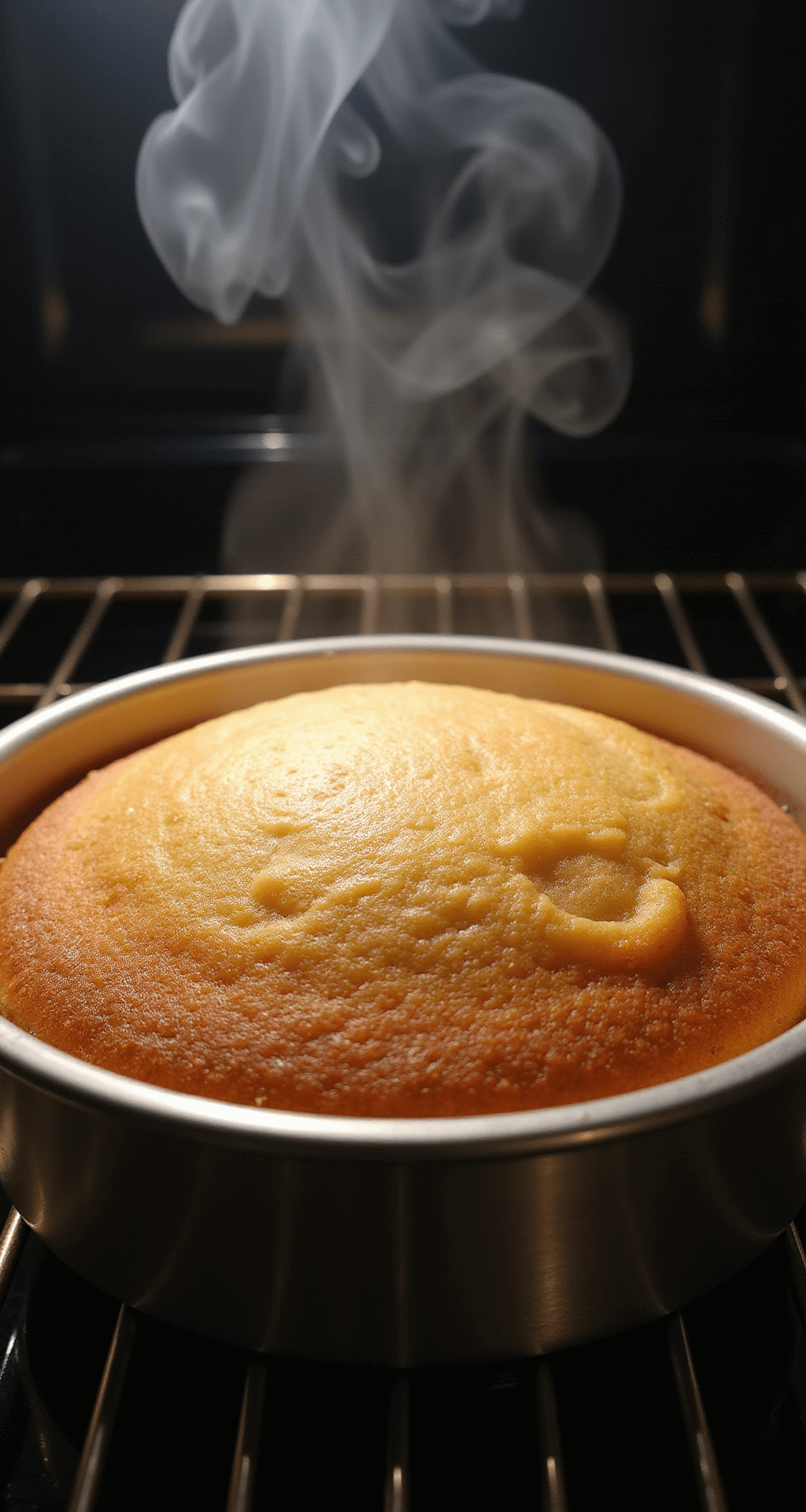 Simple Birthday Cake: The Ultimate Homemade Celebration Delight Close-up of a perfectly baked golden birthday cake in a professional oven, featuring a domed shape, caramelized edges, and steam rising in dramatic lighting.