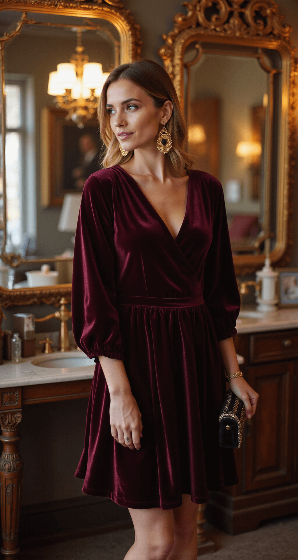 The Ultimate Guide to Nailing Cocktail Dress Style for Wedding Guests A woman tries on a knee-length deep burgundy velvet cocktail dress in a vintage boutique, adorned with gold statement earrings and holding a black crystal-embellished minaudière, surrounded by ornate mirrors and warm lighting.