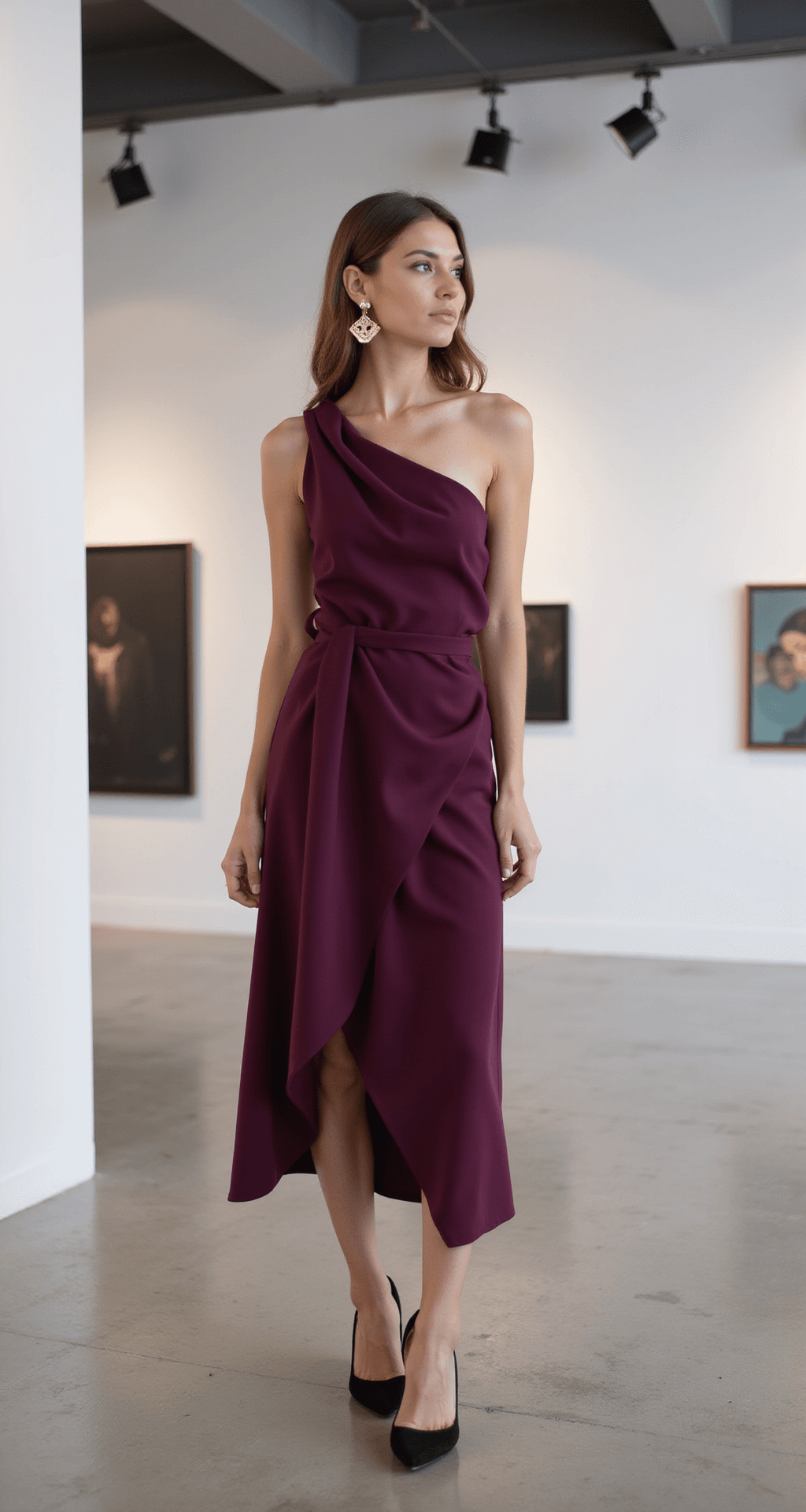 THE ULTIMATE GUIDE TO CHOOSING THE PERFECT WEDDING GUEST DRESS (WITHOUT LOSING YOUR MIND!) A contemporary art gallery featuring a model in a deep plum midi-length crepe dress with architectural draping and an asymmetric neckline, accessorized with geometric gold earrings and black suede pointed pumps, set against clean white walls and polished concrete floors.
