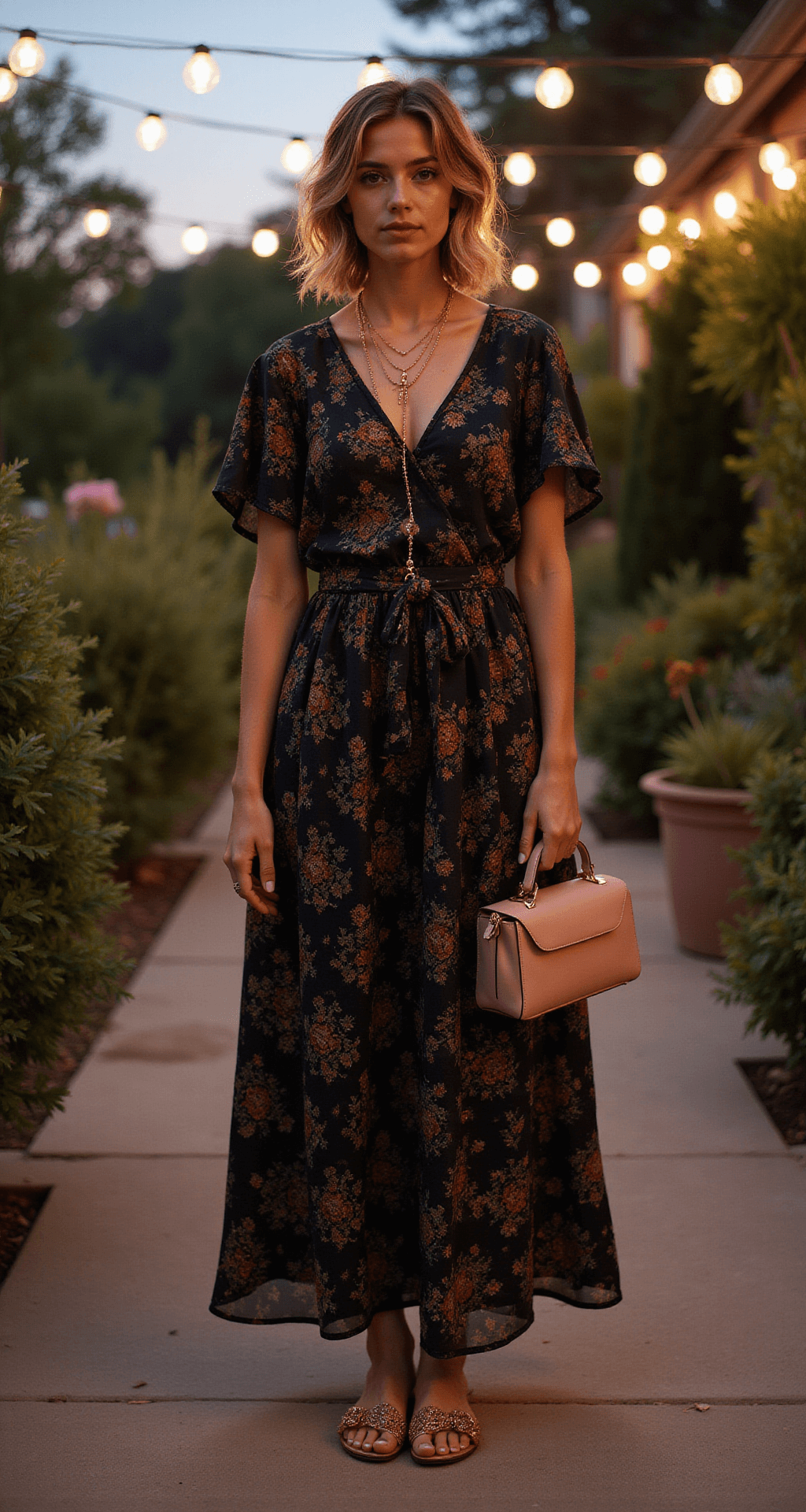 The Perfect Black Dress: What to Wear as a Wedding Guest A garden terrace at dusk features string lights overhead, creating a magical ambiance. A woman wears a black floral jacquard maxi dress with flutter sleeves, styled with rose gold sandals, layered necklaces, and a small blush pink handbag. Her natural, tousled hair flows gently in the evening breeze. The wide shot captures the entire outfit amidst atmospheric lighting.