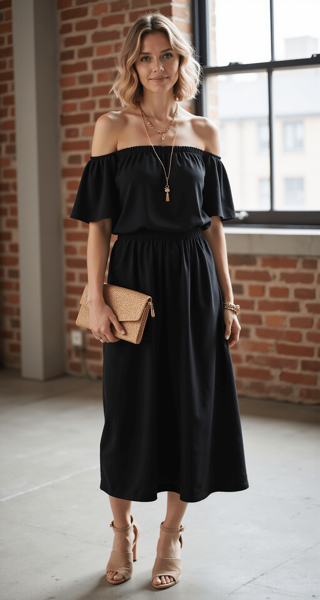 The Perfect Black Dress: What to Wear as a Wedding Guest A woman in a black off-shoulder midi dress with subtle ruching stands in a contemporary loft space featuring exposed brick and natural skylight illumination, styled with neutral wedges, layered gold necklaces, and a woven clutch, capturing movement in a casual-elegant lifestyle shot.