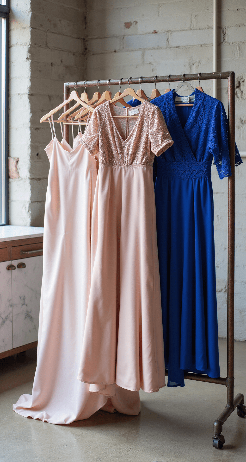 The Ultimate Guide to Rocking Short Wedding Guest Dresses (Without Stealing the Show!) A contemporary loft styled with industrial elements features a rack of wedding guest dresses in blush pink silk and cobalt blue mini, showcasing a variety of textures like sequins, lace, crepe, and satin. Accessories are artistically arranged on a marble console, illuminated by soft morning light.