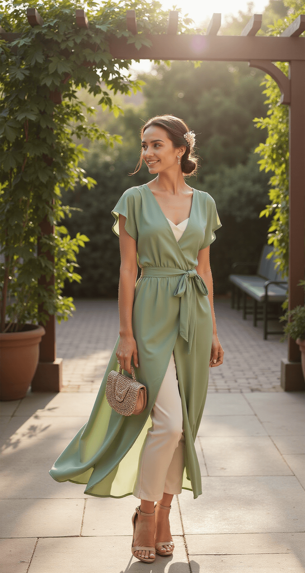 What to Wear to a Garden Wedding: Your Ultimate Guest Dress A model in a sage green silk-blend wrap dress with flutter sleeves stands in a late afternoon courtyard, showcasing an ivory slip underneath. She wears champagne-colored block heel sandals and holds a vintage-inspired beaded clutch, her hair styled in an elegant low chignon with a floral accent pin. Warm sunlight filters through a garden pergola, creating natural highlights in a wide angle shot.
