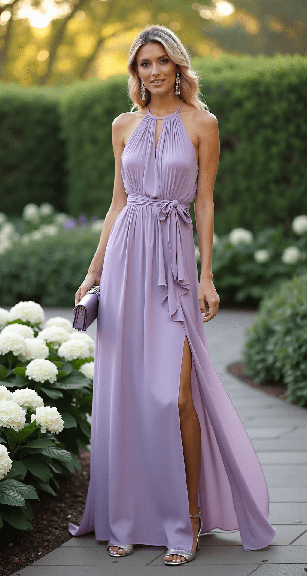What to Wear to a Garden Wedding: Your Ultimate Guest Dress Model in a lavender chiffon maxi dress with pleating and side slit stands in an intimate garden ceremony setup, surrounded by white hydrangea bushes. She wears silver kitten heel sandals and a lilac pashmina shawl, accessorized with sparkling crystal drop earrings and a small satin clutch, captured at magic hour from a low angle to highlight the dress's movement.