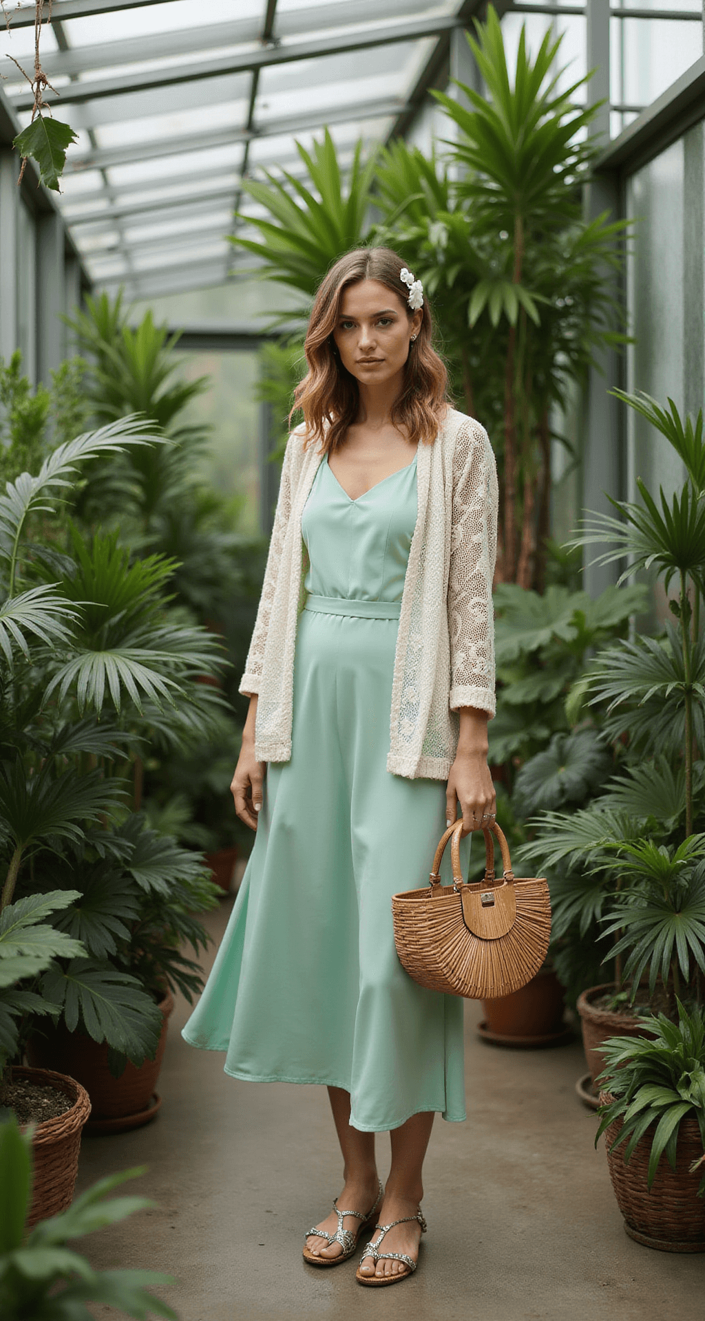 What to Wear to a Garden Wedding: Your Ultimate Guest Dress Model in a seafoam green silk slip dress and ivory lace overlay jacket stands in a greenhouse filled with tropical plants, wearing metallic flat sandals. A mother-of-pearl hair clip and structured bamboo handbag complement her outfit, while diffused natural light highlights the dress's details.