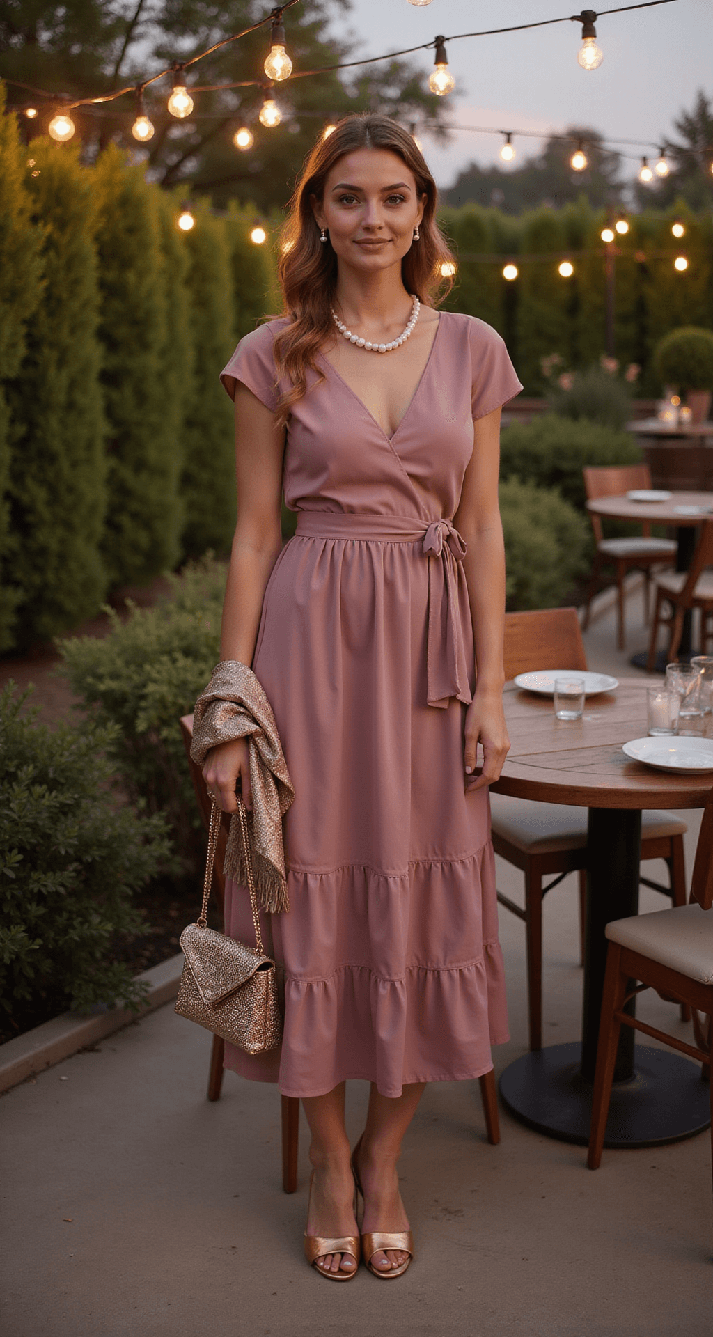 What to Wear to a Garden Wedding: Your Ultimate Guest Dress A model in a dusty rose tiered midi dress with bronze block heel sandals and a metallic shawl stands on a twilight garden terrace, accented by vintage pearl jewelry and a beaded clutch, under warm café lights that enhance the romantic ambiance.