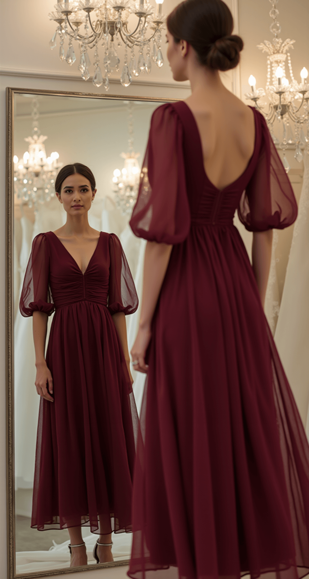 The Perfect Long Sleeve Wedding Guest Dress A slender woman in a burgundy chiffon midi dress with balloon sleeves examines herself in a three-panel mirror within an intimate bridal boutique, illuminated by soft diffused lighting from crystal chandeliers, with bokeh effects highlighting the elegant interior.