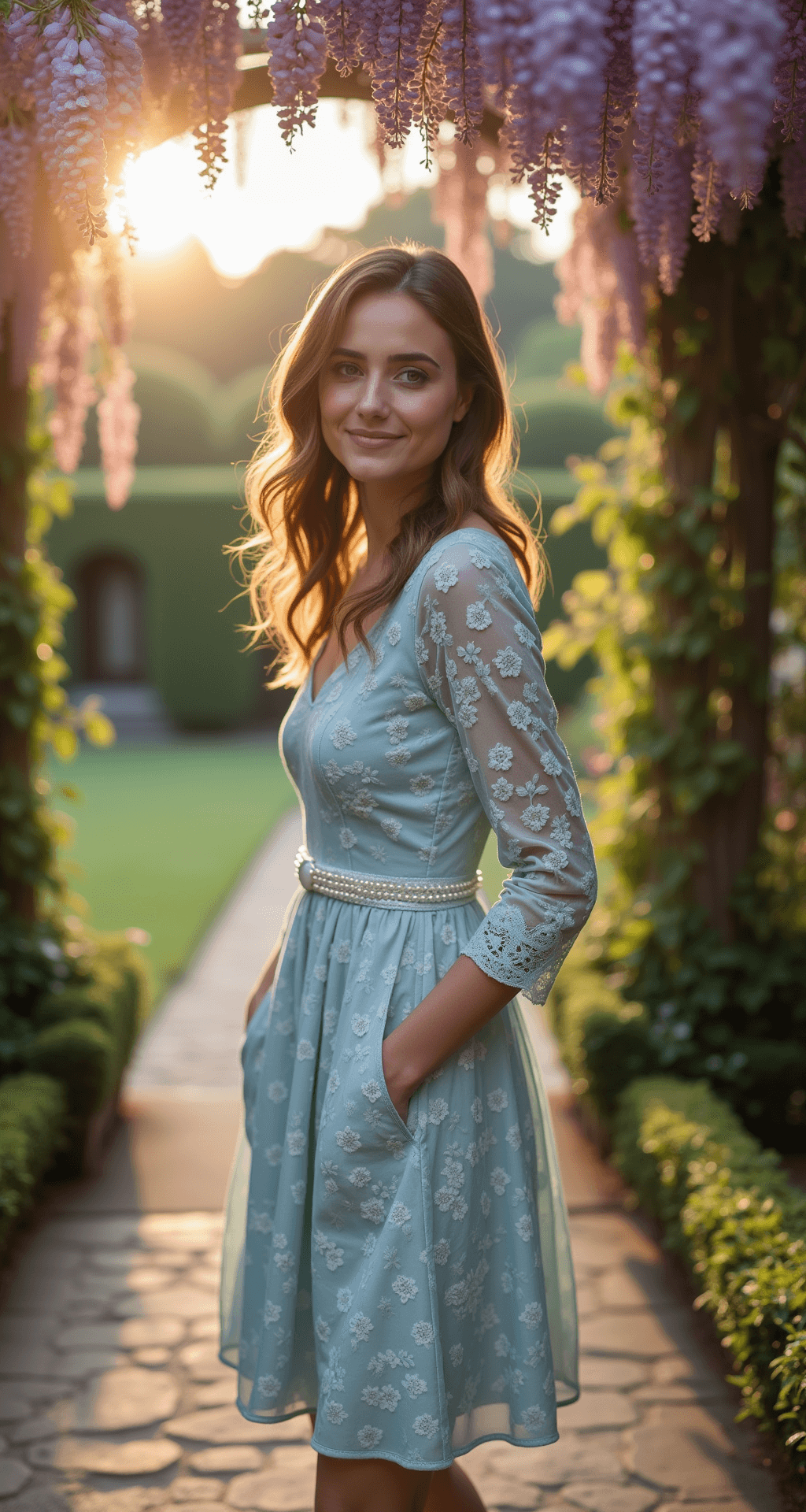 The Perfect Long Sleeve Wedding Guest Dress A petite woman in a powder blue floral print tea-length dress with fitted long sleeves stands in a manicured garden terrace at magic hour, with wisteria blooming overhead and soft natural light creating a dreamy backlight. The dress features an A-line silhouette that sways gently in the breeze, showcasing intricate lace cuff details and a pearl-accented belt.