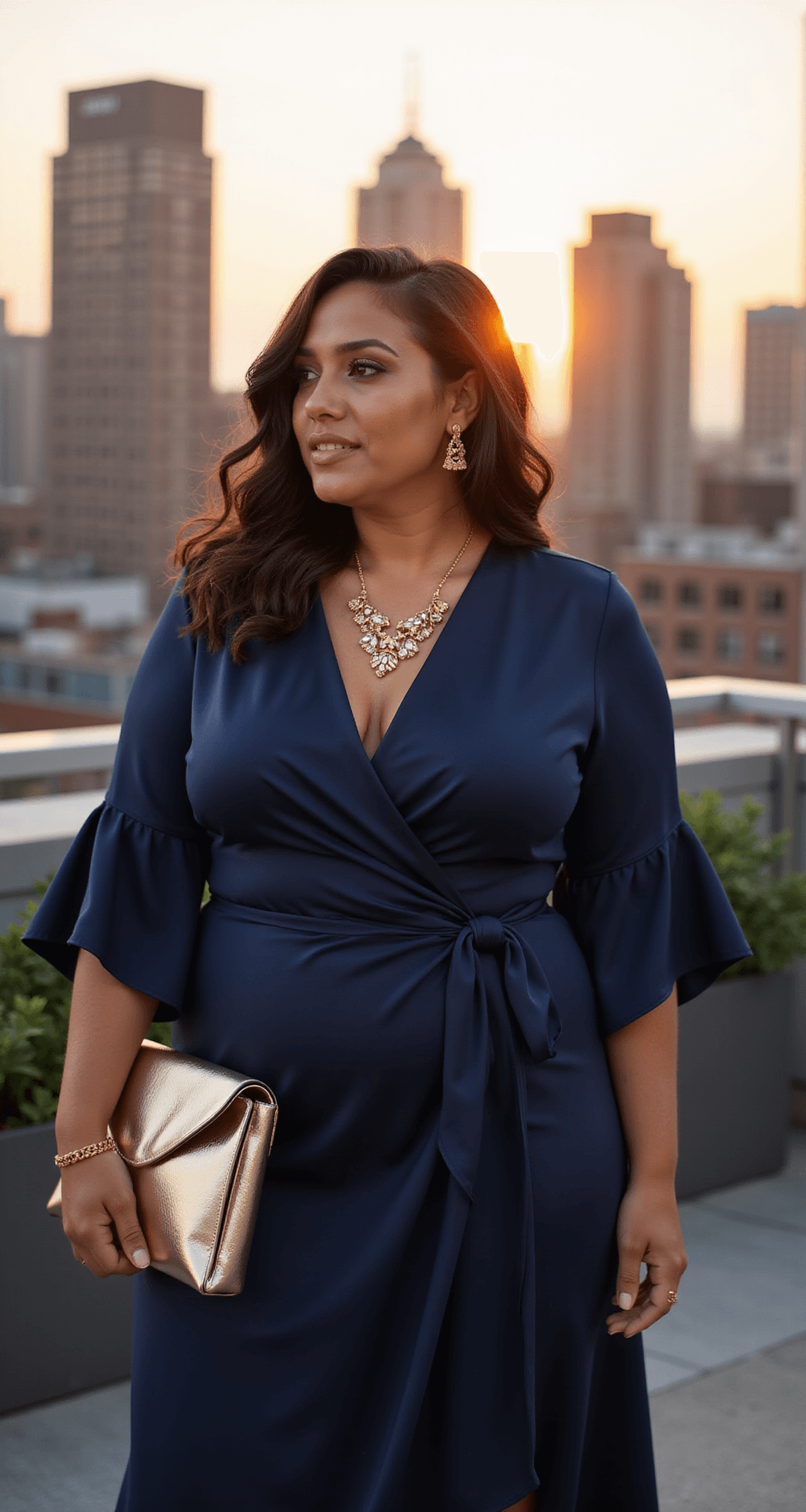 The Perfect Long Sleeve Wedding Guest Dress A curvy woman in a jewel-toned navy wrap dress with dramatic sleeves stands on a sophisticated urban rooftop at sunset, with the city skyline in the background. The silk fabric of her dress catches the warm evening light, complemented by geometric gold jewelry and a metallic envelope clutch. The image features a shallow depth of field, emphasizing the luxurious draping of the dress.