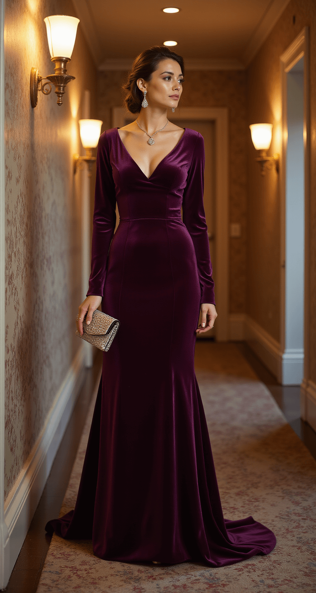 The Perfect Long Sleeve Wedding Guest Dress A tall woman in a deep plum velvet gown with long fitted sleeves stands in a classic hotel corridor adorned with elegant wallpaper and sconce lighting, holding a vintage-inspired crystal clutch and wearing drop earrings that catch the light.