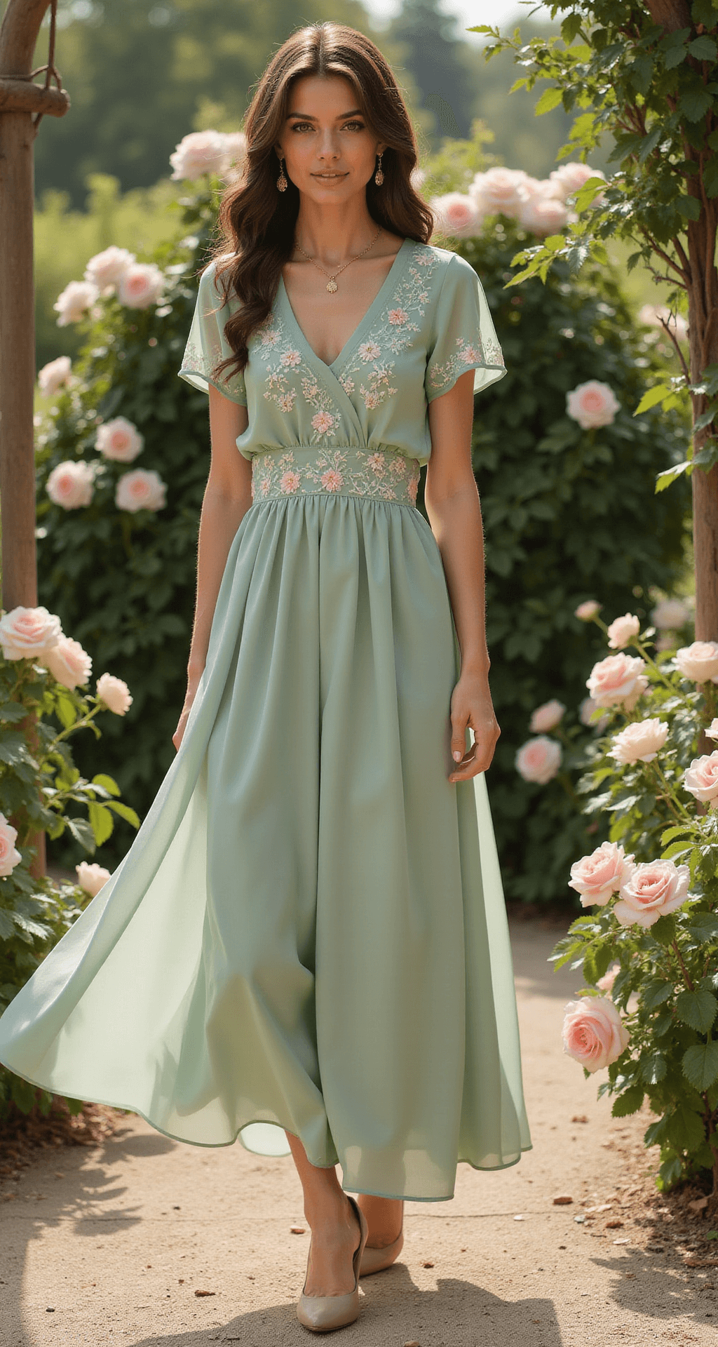 The Perfect Long Sleeve Wedding Guest Dress A woman in a sage green chiffon dress with flutter sleeves and floral embroidery stands gracefully in a sunlit countryside venue, surrounded by garden roses. Her dress billows gently in the breeze, complemented by nude block heels and minimal gold jewelry, all captured in soft natural backlighting for an ethereal look.