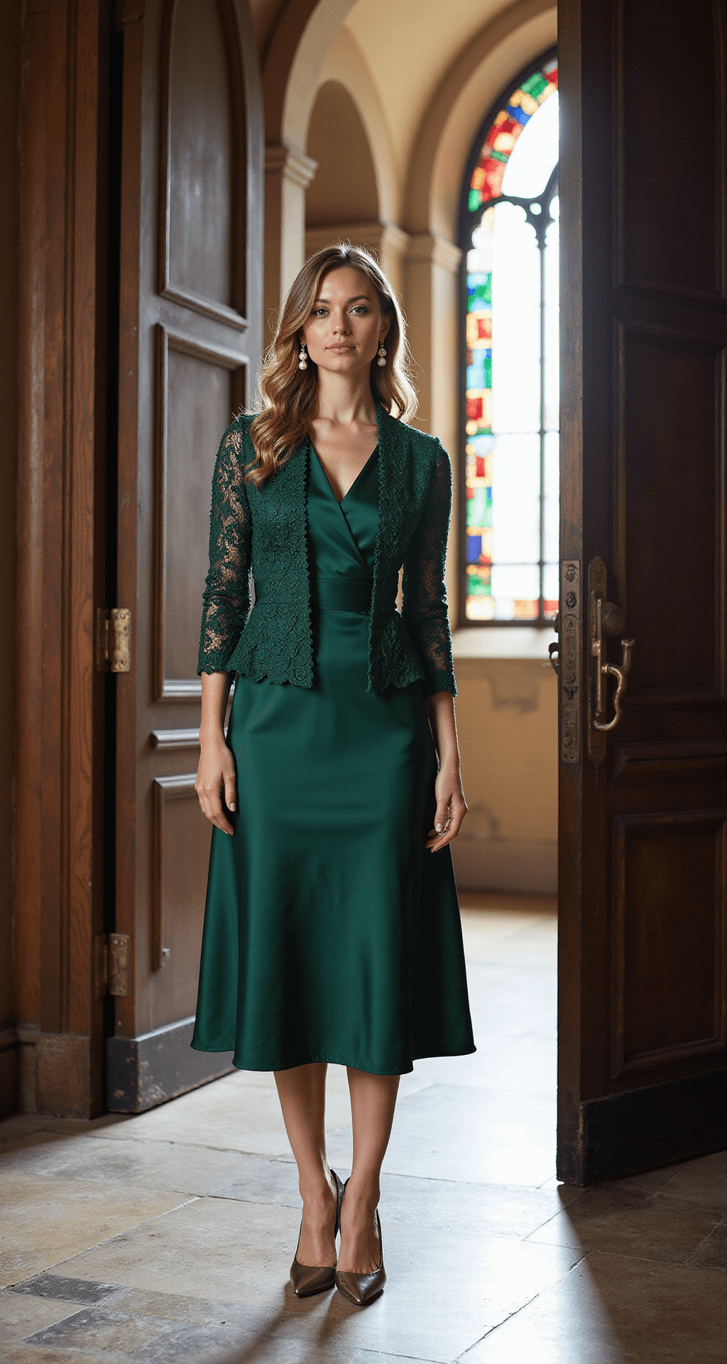 THE REAL DEAL ON ELEGANT WEDDING GUEST DRESSES A wide shot of a historic church entrance bathed in morning light, featuring a subject in a forest green structured satin midi dress with a coordinating lace-trimmed wrap, pearl drop earrings, and metallic pointed pumps, highlighting the grandeur of the entrance and intricate details of the outfit.