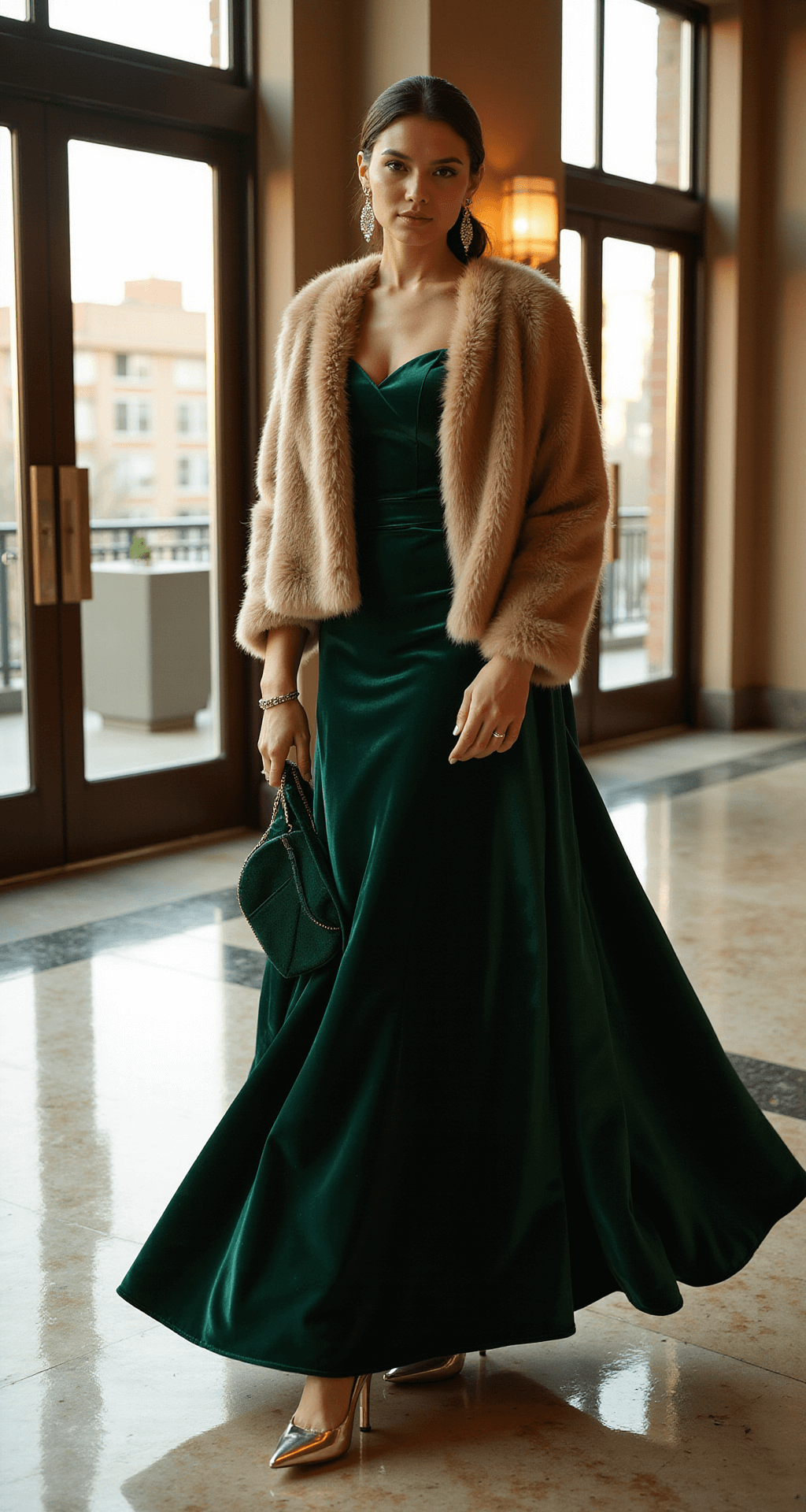 What to Wear to a December Wedding: Your Complete Guide to Winter Wedding Guest Style A woman in a deep emerald velvet gown with a champagne faux fur stole poses in a luxurious urban hotel lobby at golden hour, with natural light streaming through large windows, highlighting the gown's texture and reflecting off marble floors. She wears crystal drop earrings and gold heels, holding a matching velvet clutch, captured from a low angle to emphasize the gown's dramatic sweep.