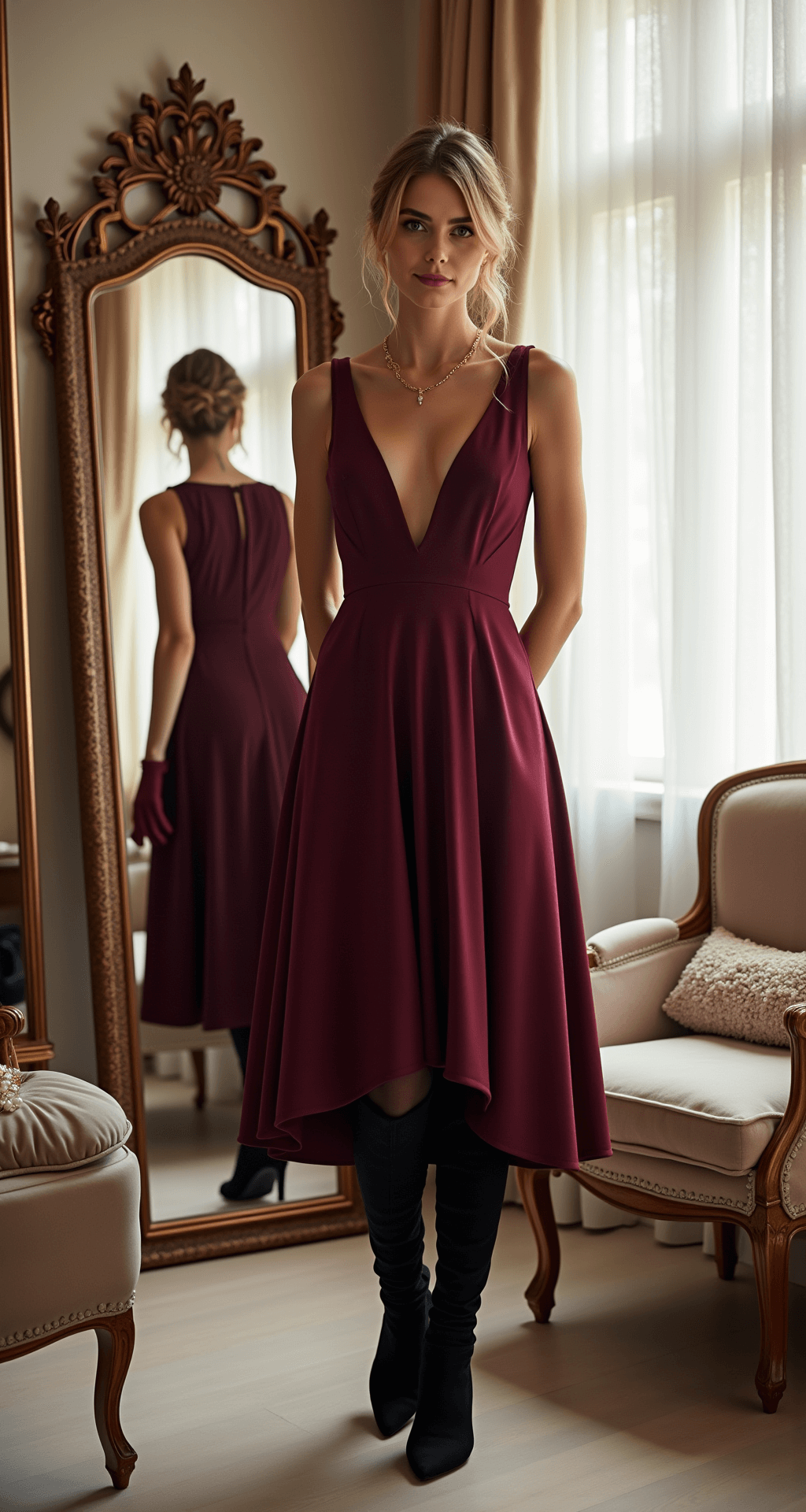 What to Wear to a December Wedding: Your Complete Guide to Winter Wedding Guest Style A woman fitting a burgundy heavy crepe midi dress in a luxe boutique dressing room, surrounded by vintage mirrors and plush seating, styled with black tights and knee-high suede boots, with winter wedding accessories displayed nearby, illuminated by soft morning light.
