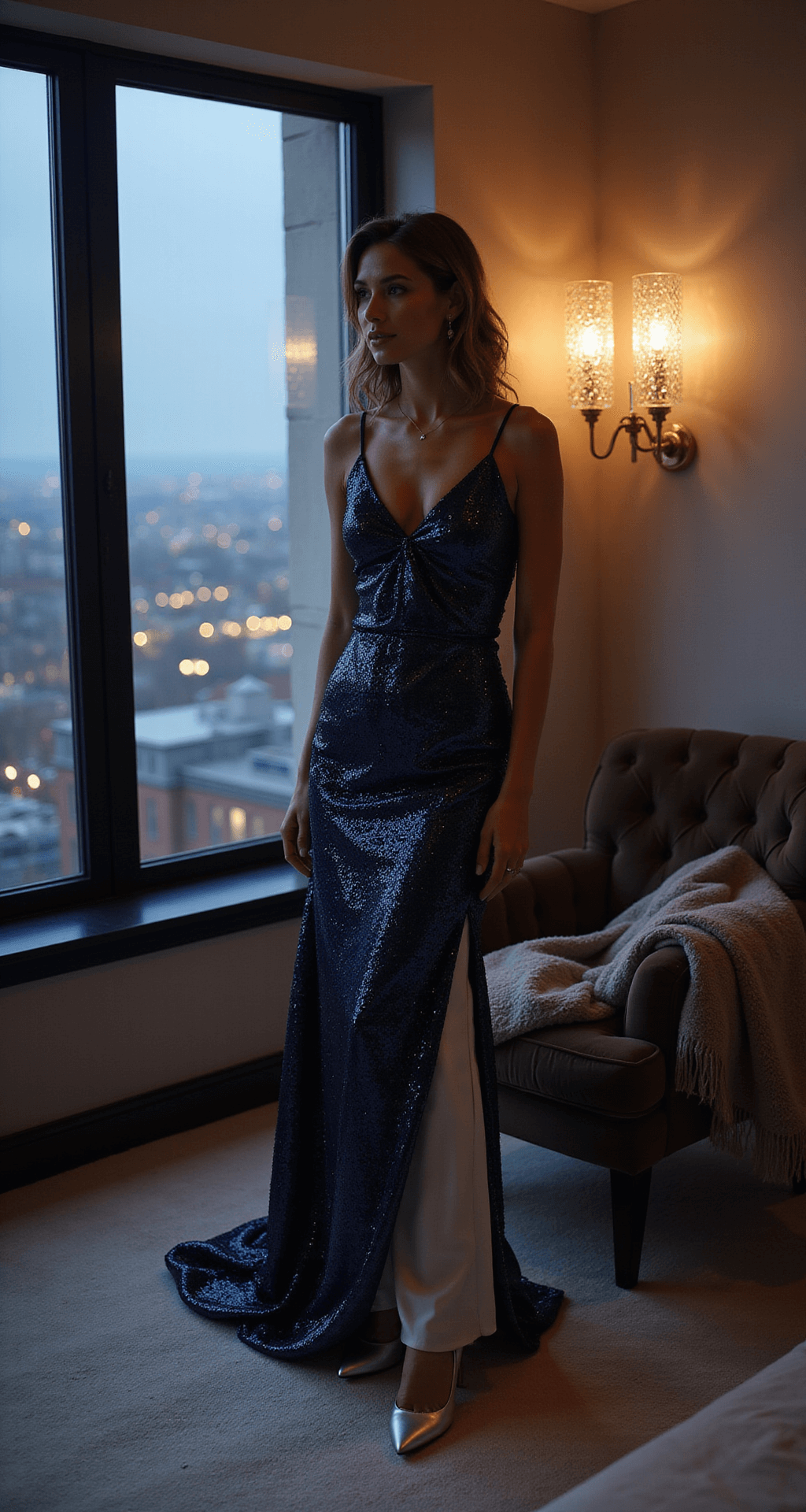 What to Wear to a December Wedding: Your Complete Guide to Winter Wedding Guest Style A modern penthouse bedroom at dusk with a woman in a navy sequined maxi dress preparing for a winter wedding. She wears metallic silver pumps and a layered silver silk slip, with elegant wraps draped over a velvet chair, illuminated by warm ambient light from crystal wall sconces.