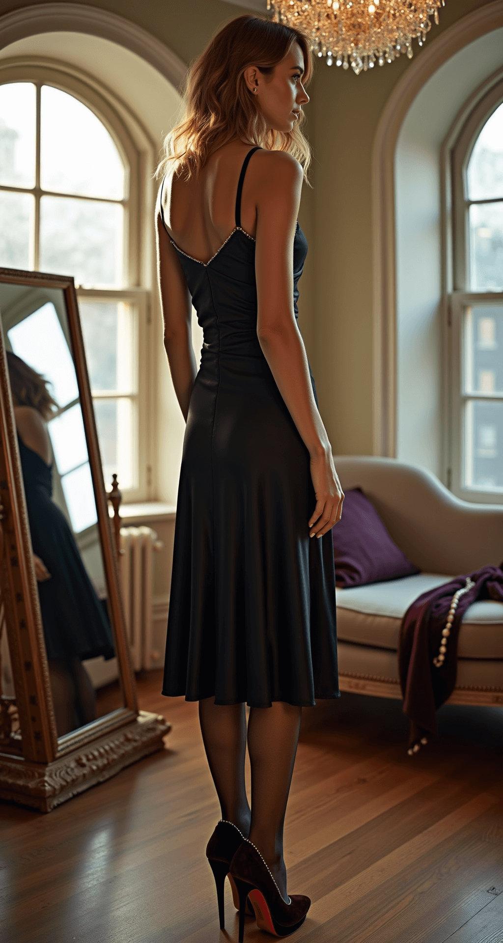 What to Wear to a December Wedding: Your Complete Guide to Winter Wedding Guest Style A woman in a black satin midi dress stands before a full-length mirror in a sunlit brownstone living room, with sheer crystal-dotted tights and burgundy velvet platform heels. A pearl-trimmed wrap is draped on a nearby chaise, while a crystal chandelier sparkles softly in the background.