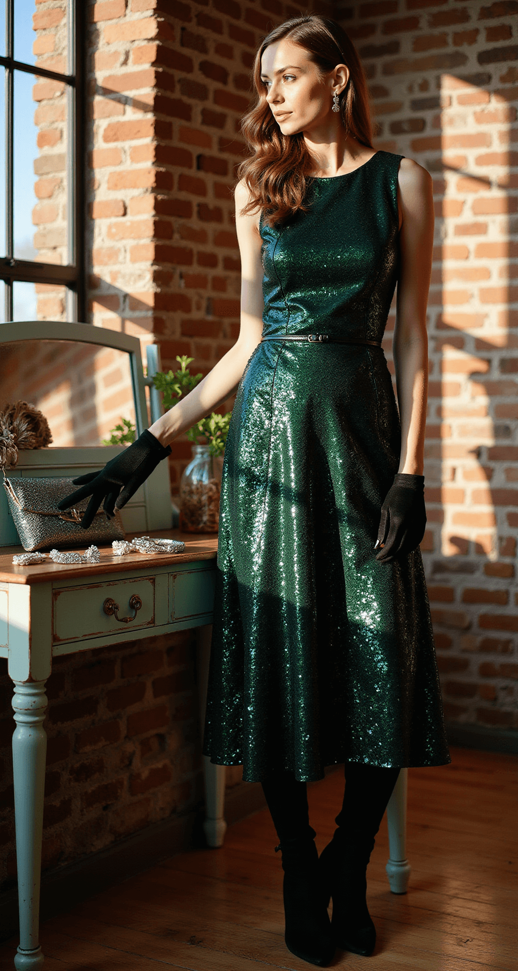 What to Wear to a December Wedding: Your Complete Guide to Winter Wedding Guest Style A woman styles a forest green sequined midi dress in a chic downtown loft with exposed brick walls, as late afternoon sun casts dramatic shadows. Winter wedding accessories like a beaded clutch, crystal hair clips, and satin gloves are arranged on a vintage vanity.