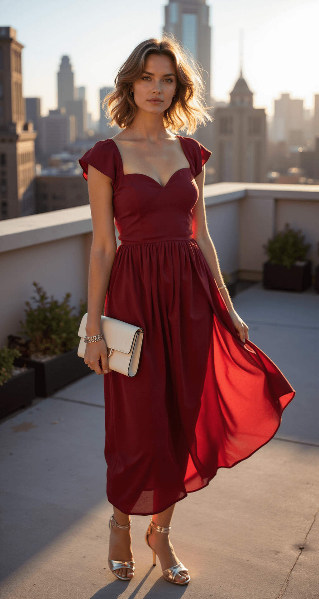 Red Wedding Guest Dresses: Your Complete Style Guide for 2024 A fashion model in a cherry-red midi dress poses on a sunlit Manhattan rooftop terrace during golden hour, showcasing delicate cap sleeves and a sweetheart neckline, with strappy gold sandals and a cream leather clutch, as natural hair flows in the breeze.