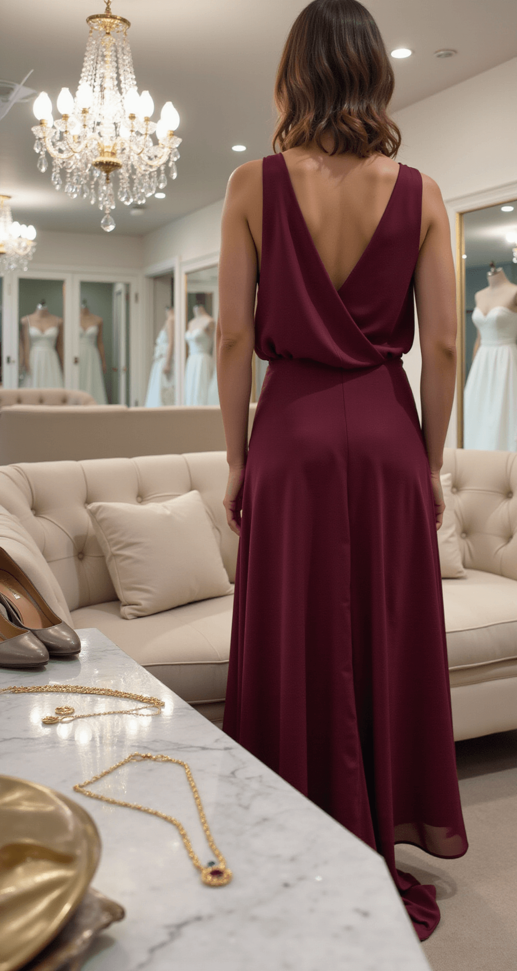 Red Wedding Guest Dresses: Your Complete Style Guide for 2024 Close-up of a woman trying on a deep burgundy silk crepe wrap dress in a luxurious bridal boutique dressing room, with soft diffused lighting from crystal chandeliers, gold jewelry on a marble counter, and neutral metallic pumps in the foreground, captured from a 45-degree angle with shallow depth of field.