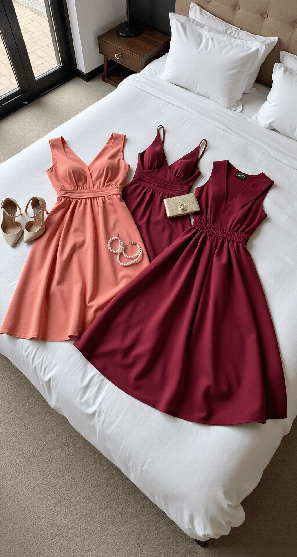 Red Wedding Guest Dresses: Your Complete Style Guide for 2024 Modern minimalist bedroom featuring floor-to-ceiling windows with soft morning light, showcasing three red dresses on a plush white bed: a coral A-line midi, a ruby slip dress, and a wine-colored wrap dress, alongside nude stilettos, pearl earrings, and metallic clutches, all captured from an overhead perspective.