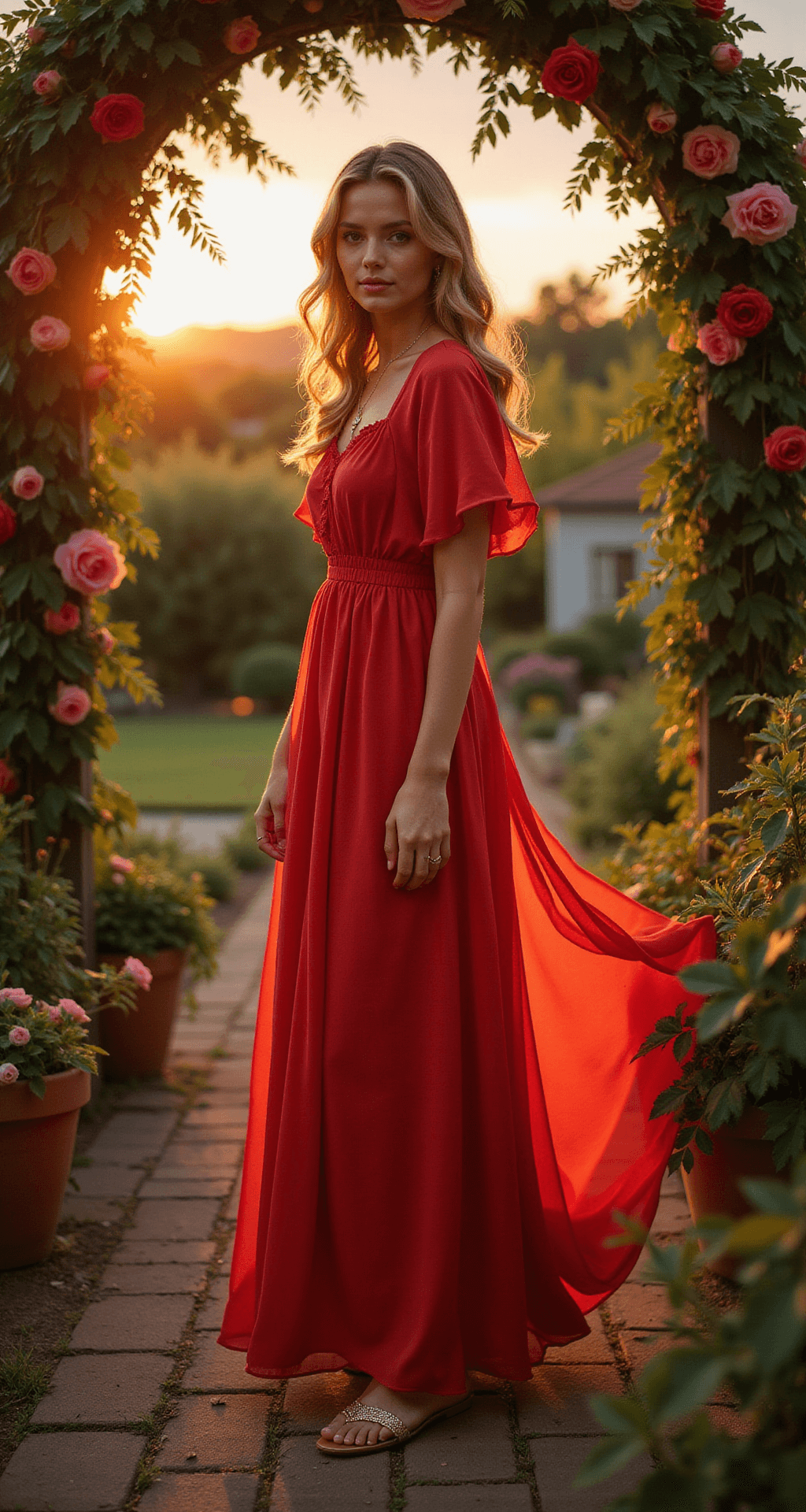 Red Wedding Guest Dresses: Your Complete Style Guide for 2024 A model in a poppy-red chiffon maxi dress stands gracefully in a vintage-inspired garden party setting, illuminated by warm magic hour lighting filtering through a rose arbor, with soft bokeh from string lights enhancing the dreamy atmosphere.
