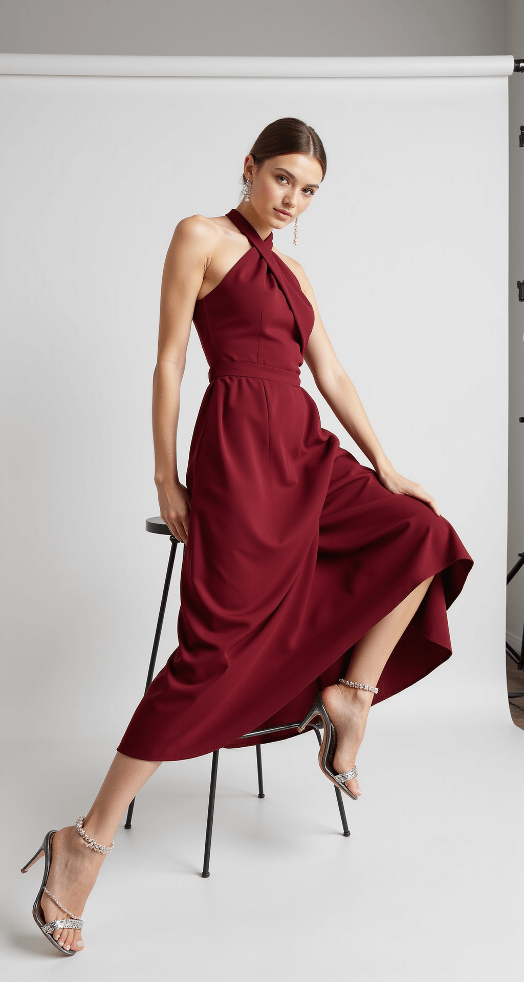 Red Wedding Guest Dresses: Your Complete Style Guide for 2024 A model seated elegantly in a bright contemporary fashion studio, showcasing a crimson crepe midi dress with an asymmetrical neckline, paired with silver strappy heels and pearl drop earrings against a clean white backdrop.