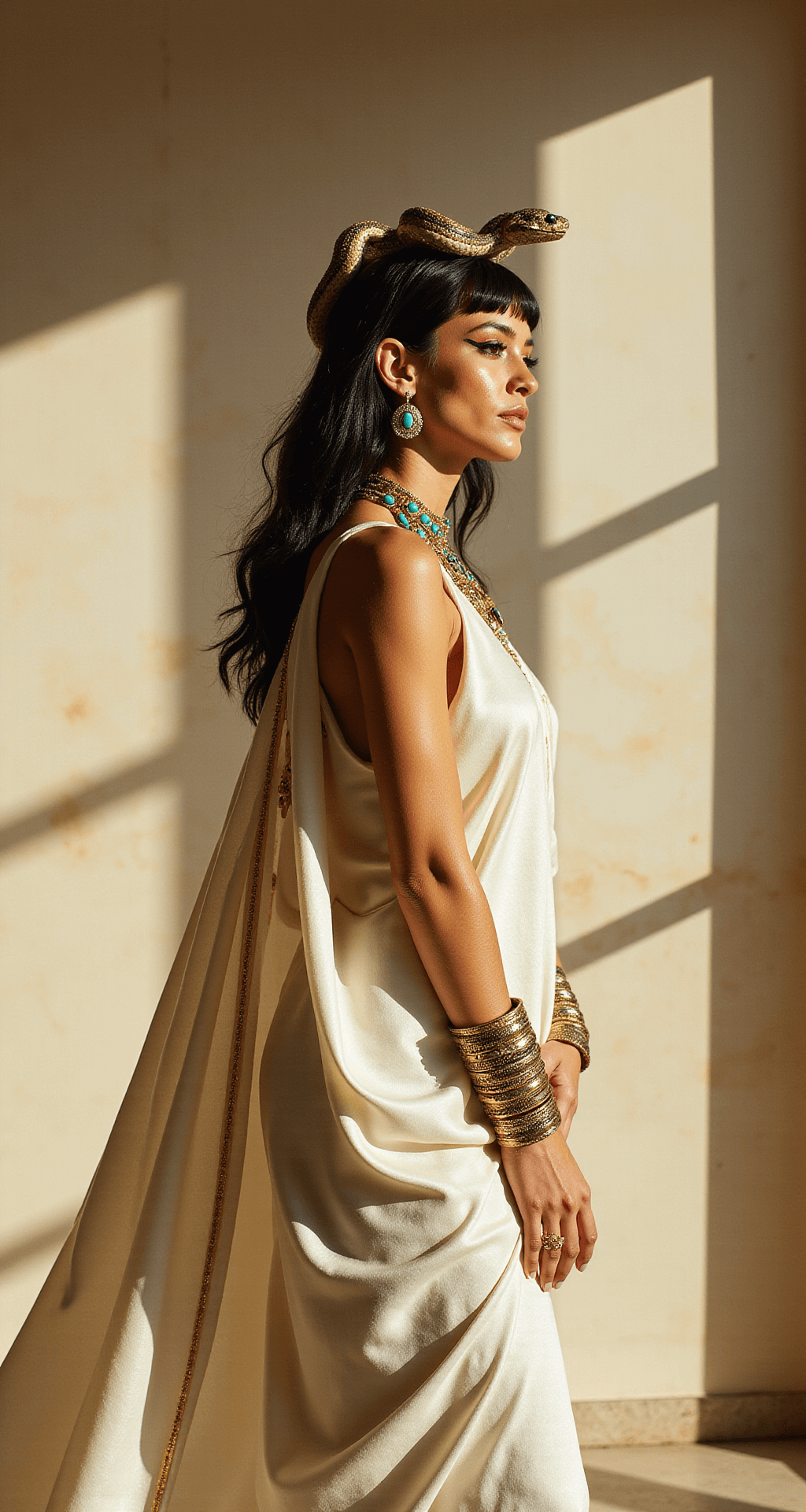 The Ultimate Nailing Your Cleopatra Halloween Costume Model channeling Cleopatra in a flowing white silk maxi dress with gold threading, adorned with a gold collar necklace and serpentine arm cuffs, against a cream limestone backdrop in a sun-drenched photography studio, captured in profile during golden hour.