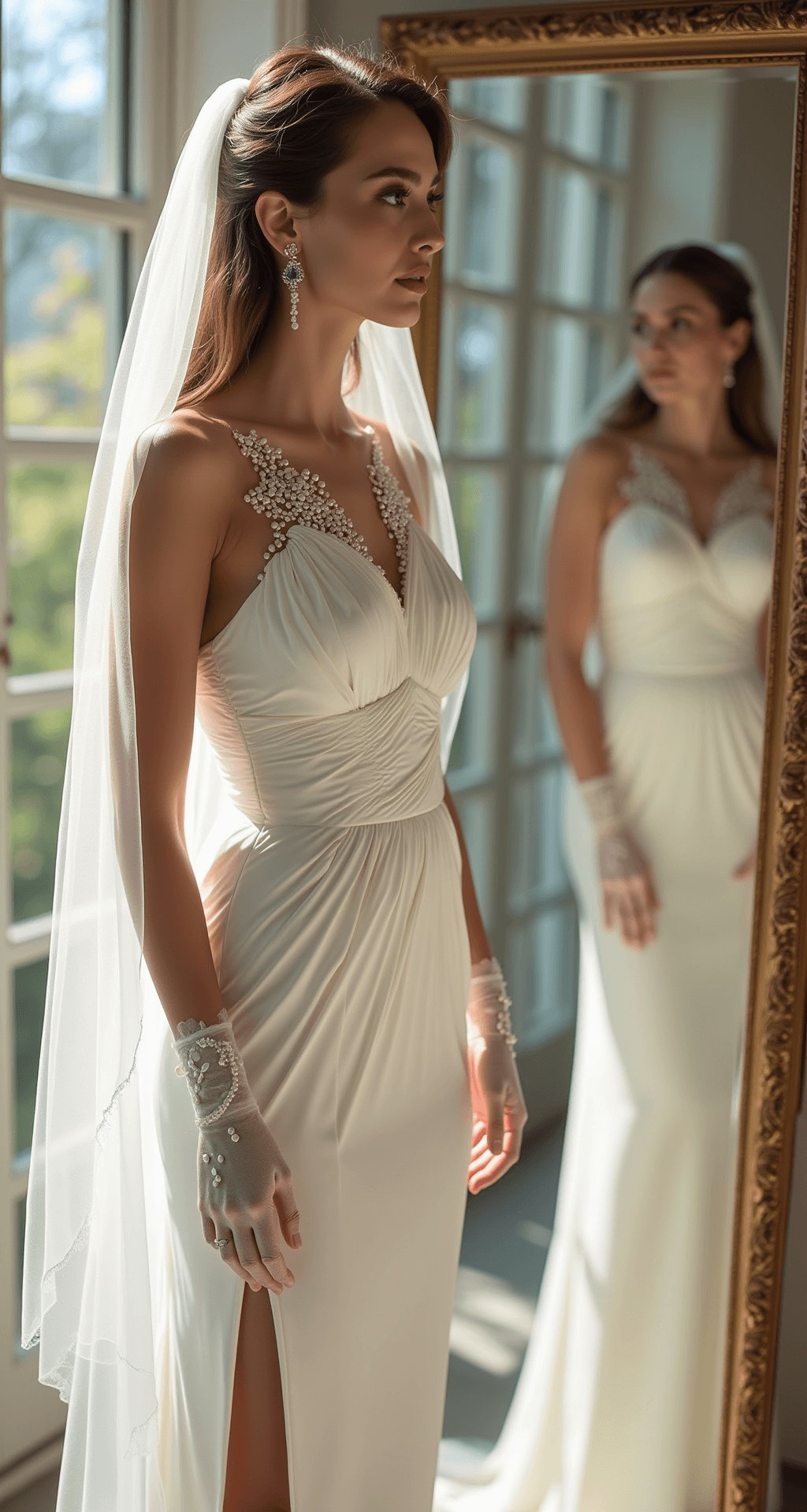 The Ultimate Kiss Marry Kill Halloween Costumes: A Fresh Take on Group Costumes A model in a contemporary white mini wedding dress with architectural pleating and pearl embellishments stands before a full-length mirror in a modern bridal boutique, with afternoon light diffusing through floor-to-ceiling windows. She wears sheer opera gloves and a delicate fingertip veil, and a vintage sapphire ring adds something blue; the image captures a three-quarter angle view with dreamy bokeh effects.