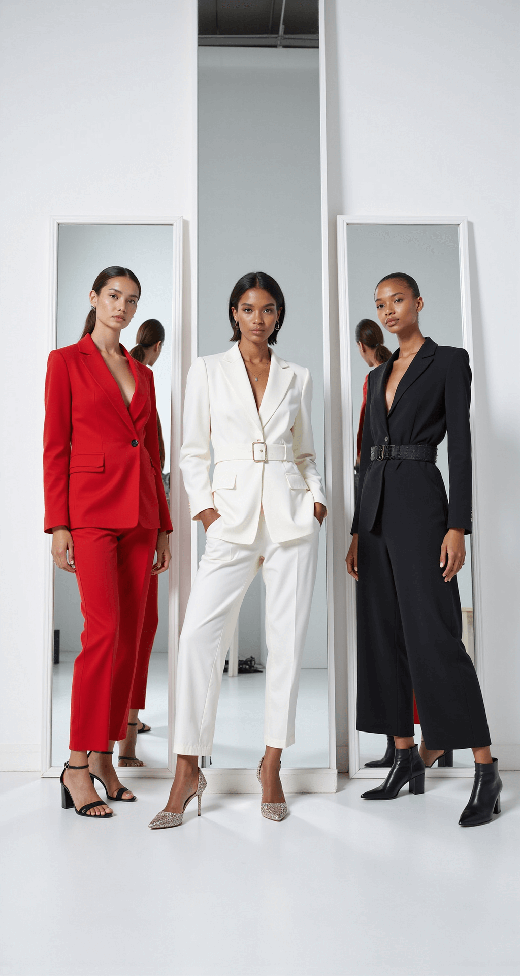 The Ultimate Kiss Marry Kill Halloween Costumes: A Fresh Take on Group Costumes A bright, minimalist studio featuring three full-length mirrors in a triangle formation. Models showcase high-fashion looks: a structured red blazer dress, an architectural white jumpsuit, and an avant-garde black ensemble, complemented by sleek accessories, all captured with clean lighting and reflective elements.