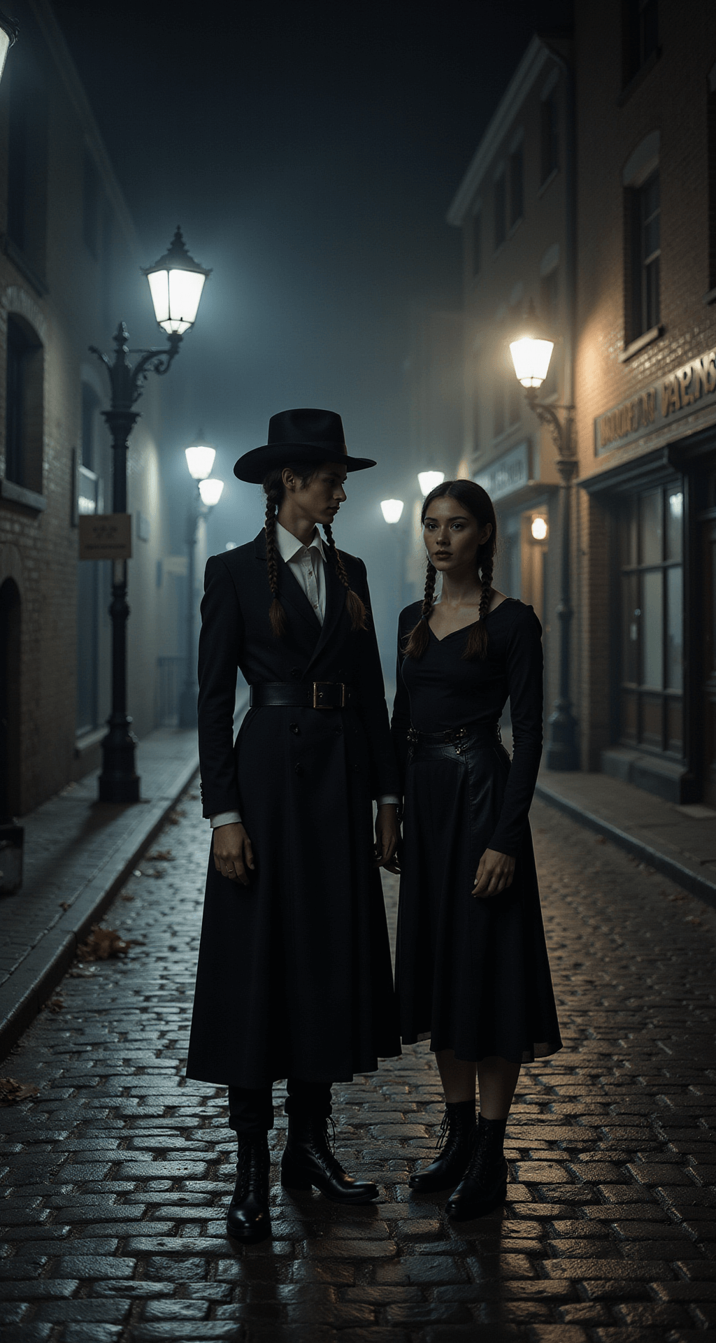 The Ultimate Couples Halloween Costume for 2025 A gothic couple in a nighttime street scene, featuring a female model in a black dress with a white collar and twin braids, alongside a creative representation of 'Thing', under vintage streetlamps on a dark cobblestone street, with moody lighting and fog.