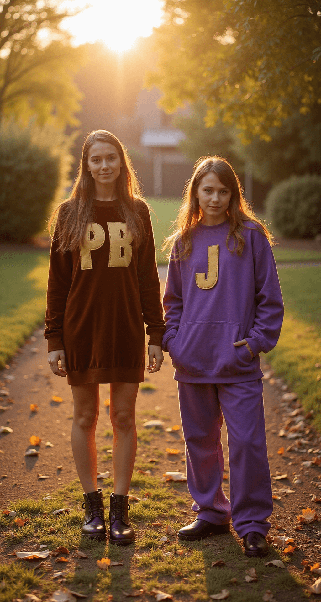 The Ultimate Couples Halloween Costume for 2025 Sunlit outdoor garden with a DIY Peanut Butter & Jelly couple; one figure in a brown velvet sweater dress with 'PB' felt lettering, the other in purple loungewear with 'J' appliqué. Autumn leaves on the ground, warm hues, shot at eye level with a soft bokeh background.