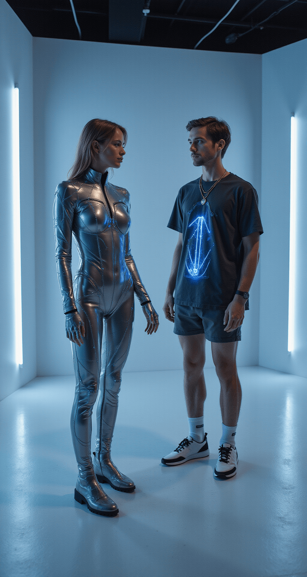The Ultimate Couples Halloween Costume for 2025 A female model in a futuristic metallic bodysuit with geometric patterns and illuminated accessories poses alongside a male partner in casual tech-wear with holographic details, set in a sleek, minimalist studio with LED accent lighting.