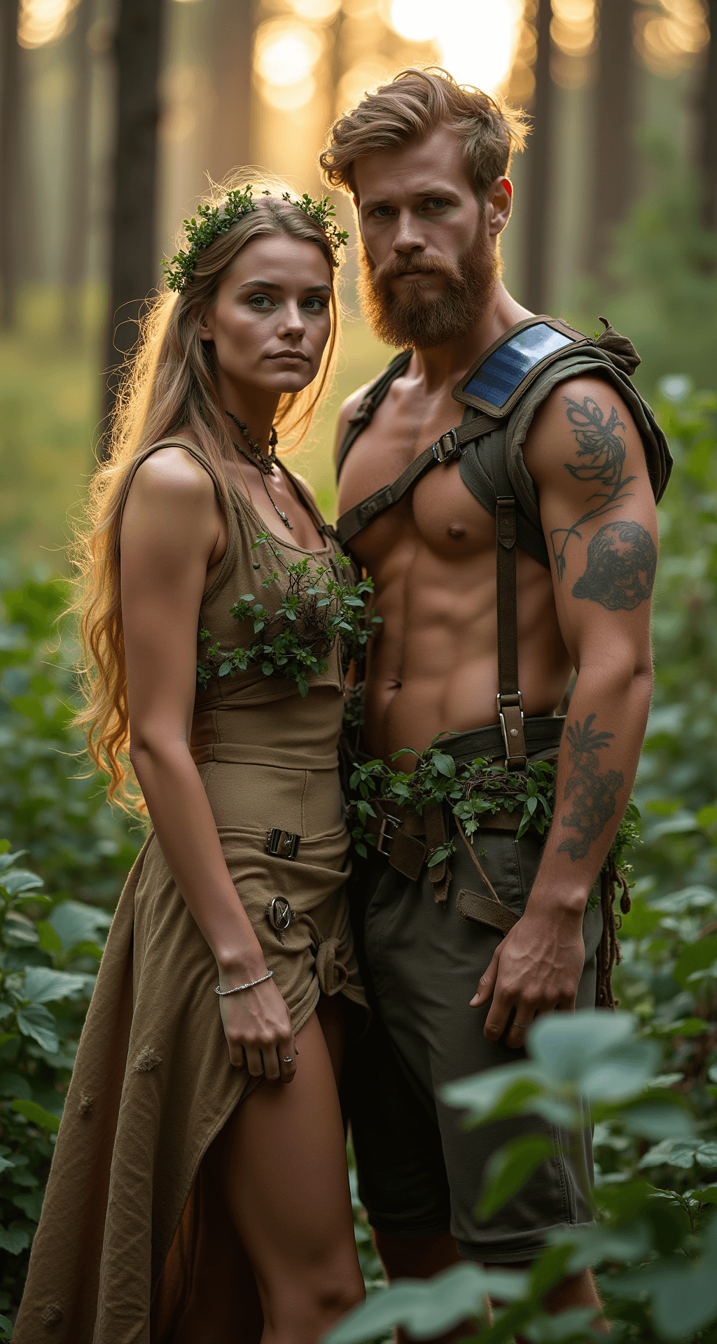 The Ultimate Couples Halloween Costume for 2025 An eco-warrior couple stands in a lush forest at magic hour, sheathed in costumes made from sustainable materials; her earth-toned dress is embellished with living plants, while he wears hemp clothing highlighted with solar-powered LED accents. Reclaimed materials serve as environmental props, all illuminated by natural backlighting that creates an ethereal glow.