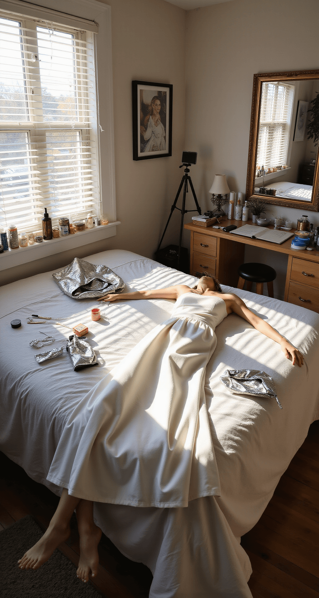College Halloween Costumes: The Ultimate for Fashion-Forward Students A minimalist dorm room during golden hour featuring a white dress styled as a White Claw costume on a well-made bed, surrounded by metallic silver accessories and fabric paint supplies, with sunlight streaming through the window, a phone on a tripod for documentation, fairy lights, and a full-length mirror reflecting the organized creative space, captured from a 45-degree elevated angle.