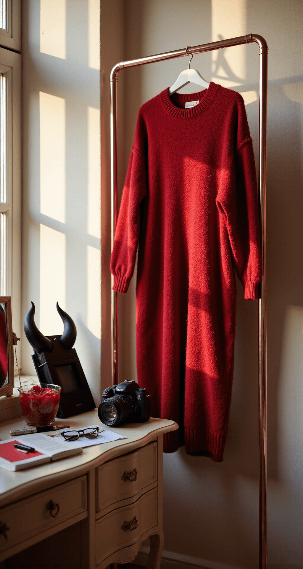 College Halloween Costumes: The Ultimate for Fashion-Forward Students A cozy bedroom corner with soft afternoon light, featuring a red sweater dress on a rose gold clothing rack, alongside a vintage vanity adorned with devil costume accessories, including black horns, red lipstick, and black eyeliner, all set against cream-colored walls.