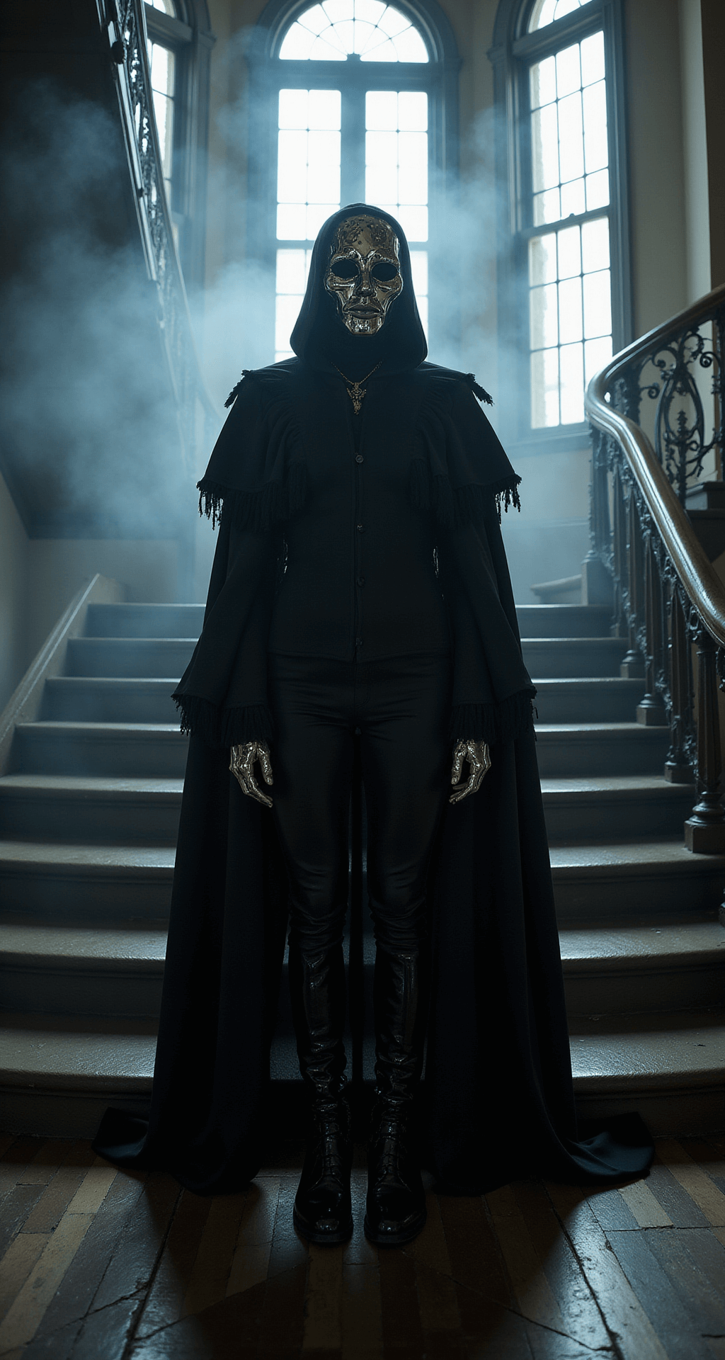 SPOOKY AND SCARY HALLOWEEN COSTUME IDEAS THAT'LL GIVE EVERYONE NIGHTMARES Gothic mansion foyer at midnight featuring a model in a designer Ghostface costume with a flowing black couture cape and chrome-detailed mask, surrounded by theatrical fog and dramatic uplighting, captured from a low angle with moonlight streaming through Victorian windows.