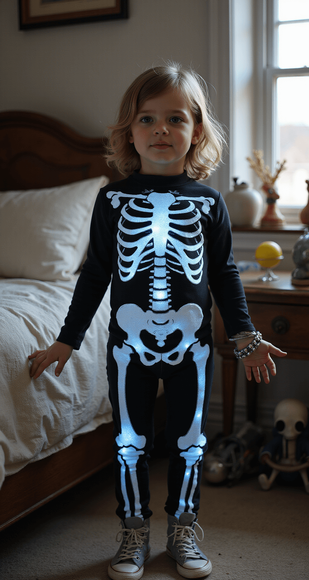 SPOOKY AND SCARY HALLOWEEN COSTUME IDEAS THAT'LL GIVE EVERYONE NIGHTMARES A young model wears an elevated skeleton costume with glow-in-the-dark painted bones, surrounded by vintage toys in a softly lit child's bedroom, showcasing an ethereal glow from integrated LED lights.