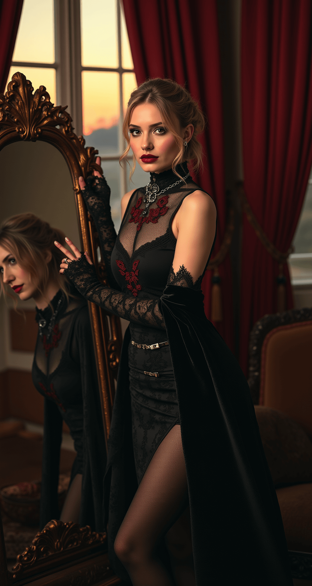 The Ultimate Guide to Rocking a Vampire Halloween Costume (No Sparkles Required!) A glamorous female model poses in a dimly lit Victorian-style parlor, wearing a black high-necked lace dress with burgundy embroidery and vintage silver jewelry. Her dramatic makeup highlights her pale complexion, while a black velvet cape elegantly drapes over her shoulders as she stands beside an antique mirror.