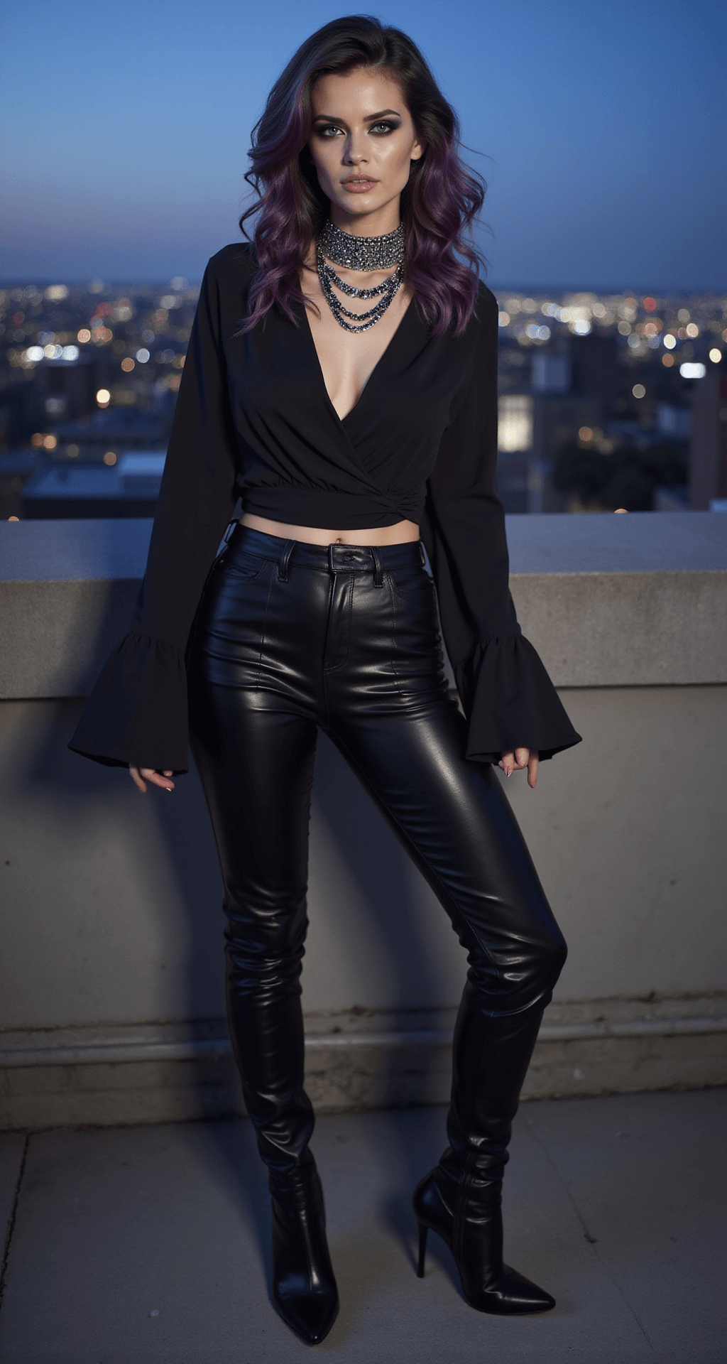 The Ultimate Guide to Rocking a Vampire Halloween Costume (No Sparkles Required!) Model in sleek black leather pants and stiletto boots poses on a modern urban rooftop at twilight, with city lights twinkling behind. She wears a flowing silk blouse with dramatic bell sleeves, and her hair is styled in loose waves with deep purple undertones. Her makeup features a porcelain foundation, sharp contours, and metallic smoky eyes, complemented by a statement choker with dark crystals and layered silver chains. Photographed with a shallow depth of field, the scene captures a metropolitan vampire sophistication.