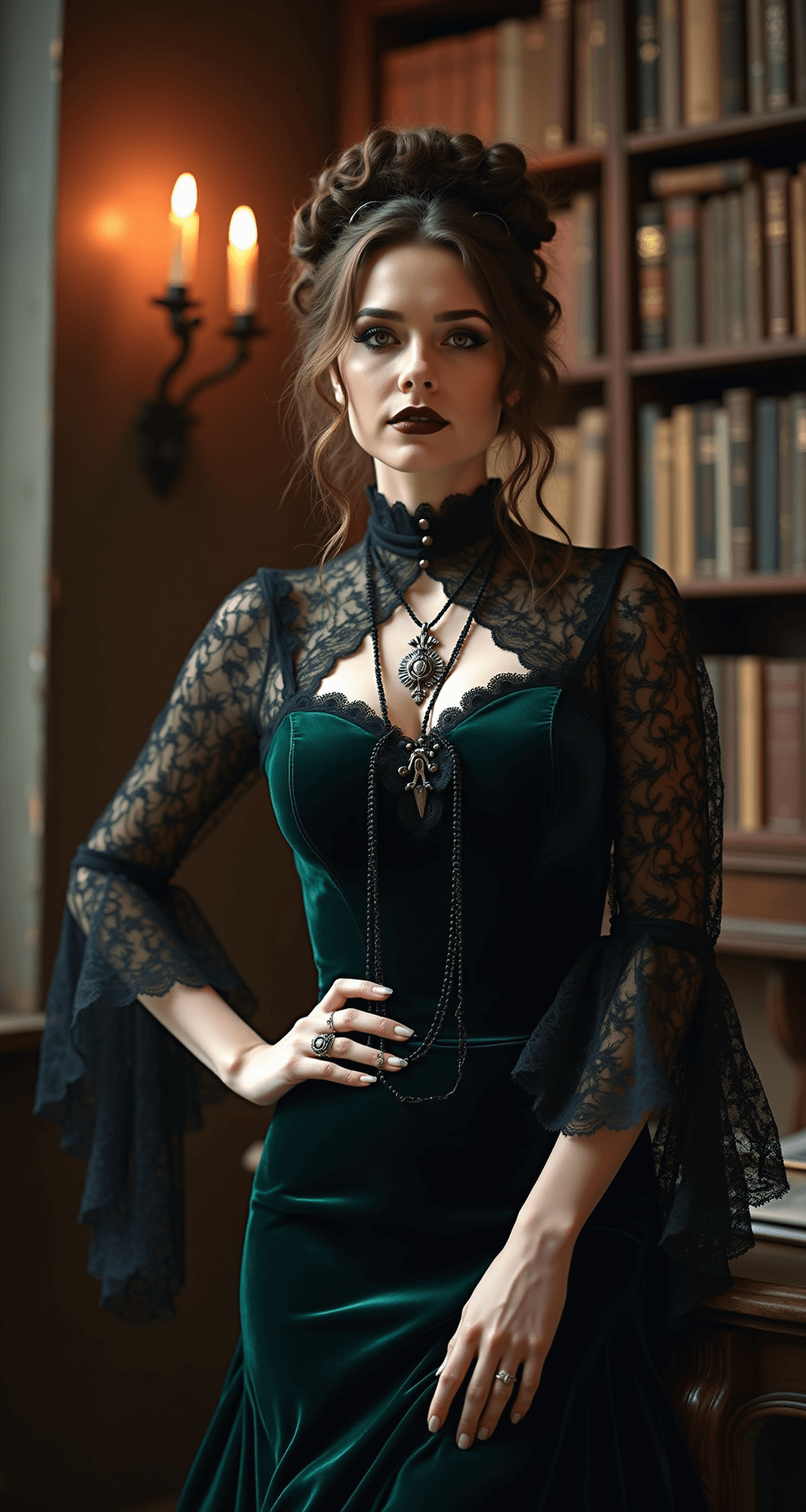 The Ultimate Guide to Rocking a Vampire Halloween Costume (No Sparkles Required!) A softly lit antique bookshop with wooden shelves casts ambient shadows. A figure in a deep emerald velvet dress and black lace overlay stands poised, wearing Victorian-style boots. Their hair is styled in an elaborate updo adorned with gothic accessories, while their makeup features pale skin, dramatic winged eyeliner, and deep wine lips. An antique silver medallion on a long chain and ornate rings enhance their vintage-inspired look. The image is captured from a slightly below angle, highlighting the ethereal lighting and mysterious ambiance of the scene.