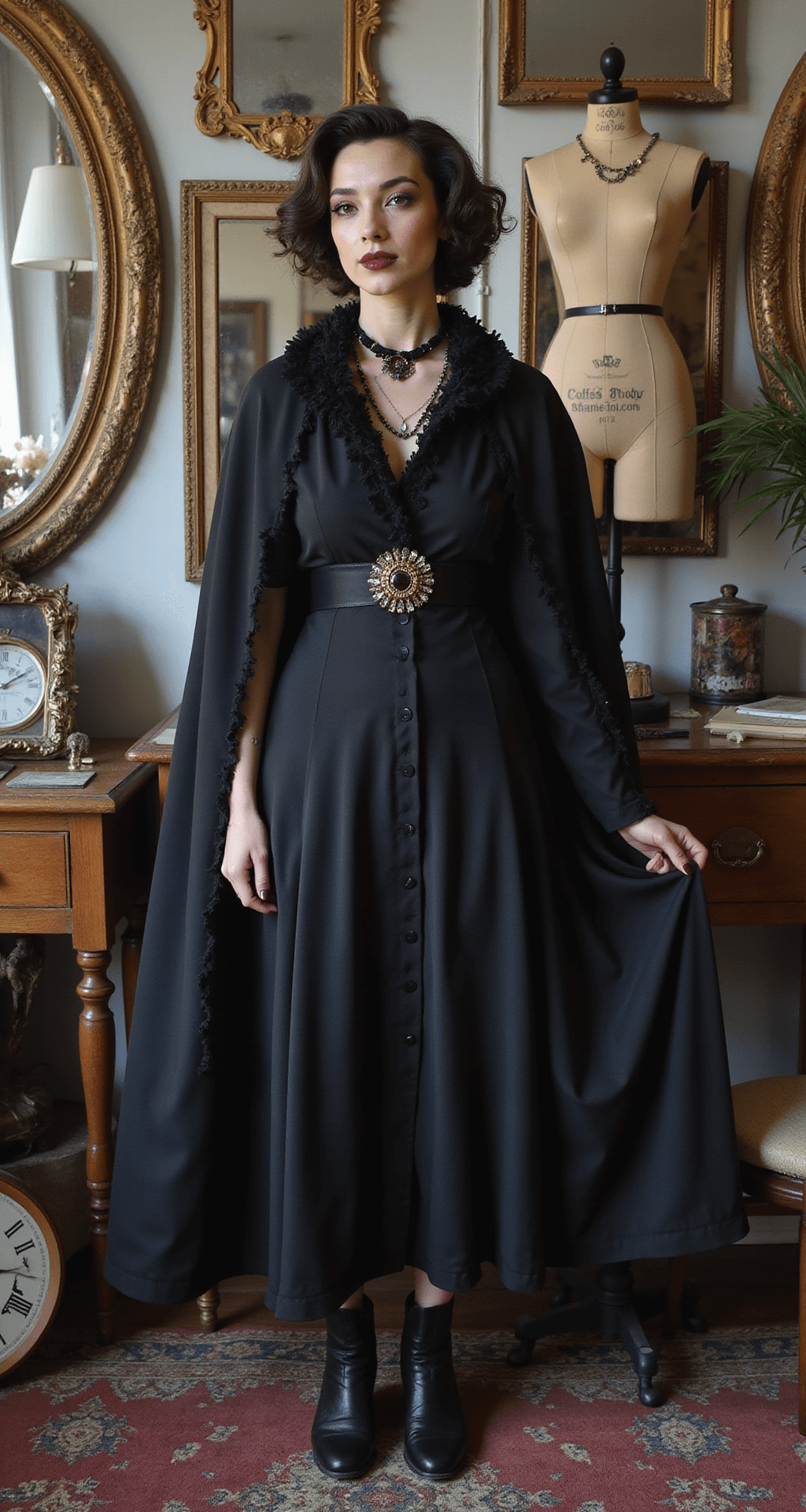 The Ultimate Guide to Rocking a Vampire Halloween Costume (No Sparkles Required!) A model in a thrifted vintage boutique showcases a budget-friendly vampire look, featuring a reconstructed black vintage dress, DIY cape, and Victorian-inspired boots. The interior displays antique mirrors and dress forms, while the model's hair is styled in vintage waves, complemented by dramatic pale makeup and dark eye makeup. Curated thrifted jewelry adds an authentic touch to the editorial shot.