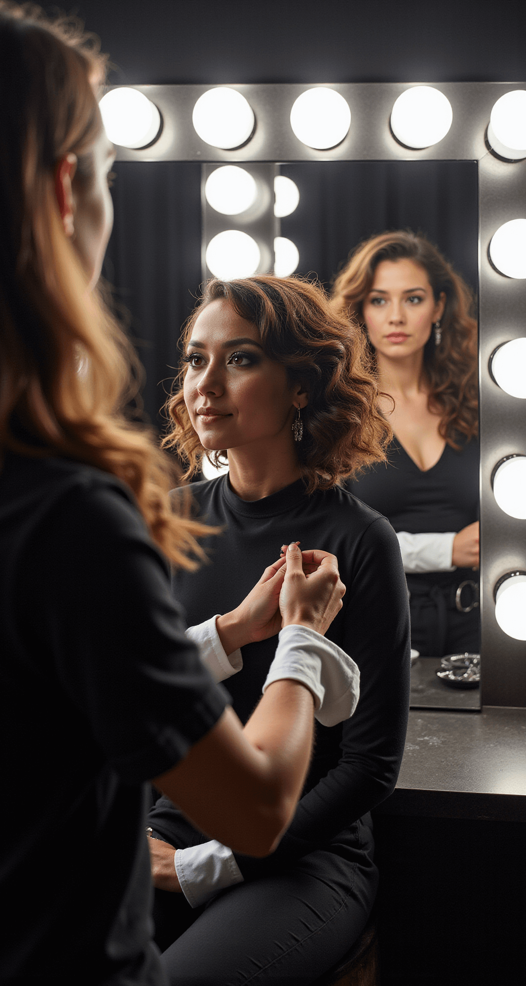 How to Rock a Playboy Bunny Costume - Your Ultimate Style Backstage scene featuring a model making final costume adjustments in front of a triple mirror, with a hairstylist volumizing curls and a makeup artist applying finishing touches to smokey eye makeup. Detailed focus on white cuffs being secured with cufflinks, captured in a documentary style with professional lighting.