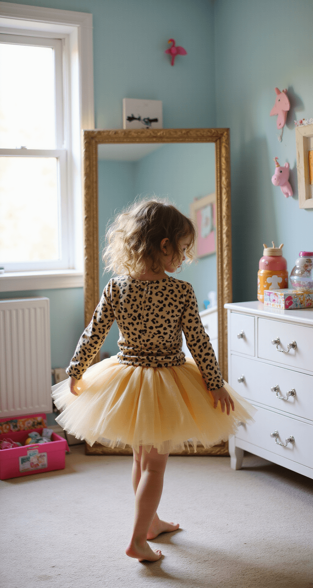 The Ultimate Guide to Rocking a Cheetah Halloween Costume (That Actually Looks Good!) A young girl twirls joyfully in front of a full-length mirror, donning a whimsical tulle-accented cheetah costume with sparkly details, in a bright, airy children's bedroom adorned with pastel walls and playful decor. Natural midday light enhances the scene, while Disney-inspired accessories are scattered on a nearby white dresser.
